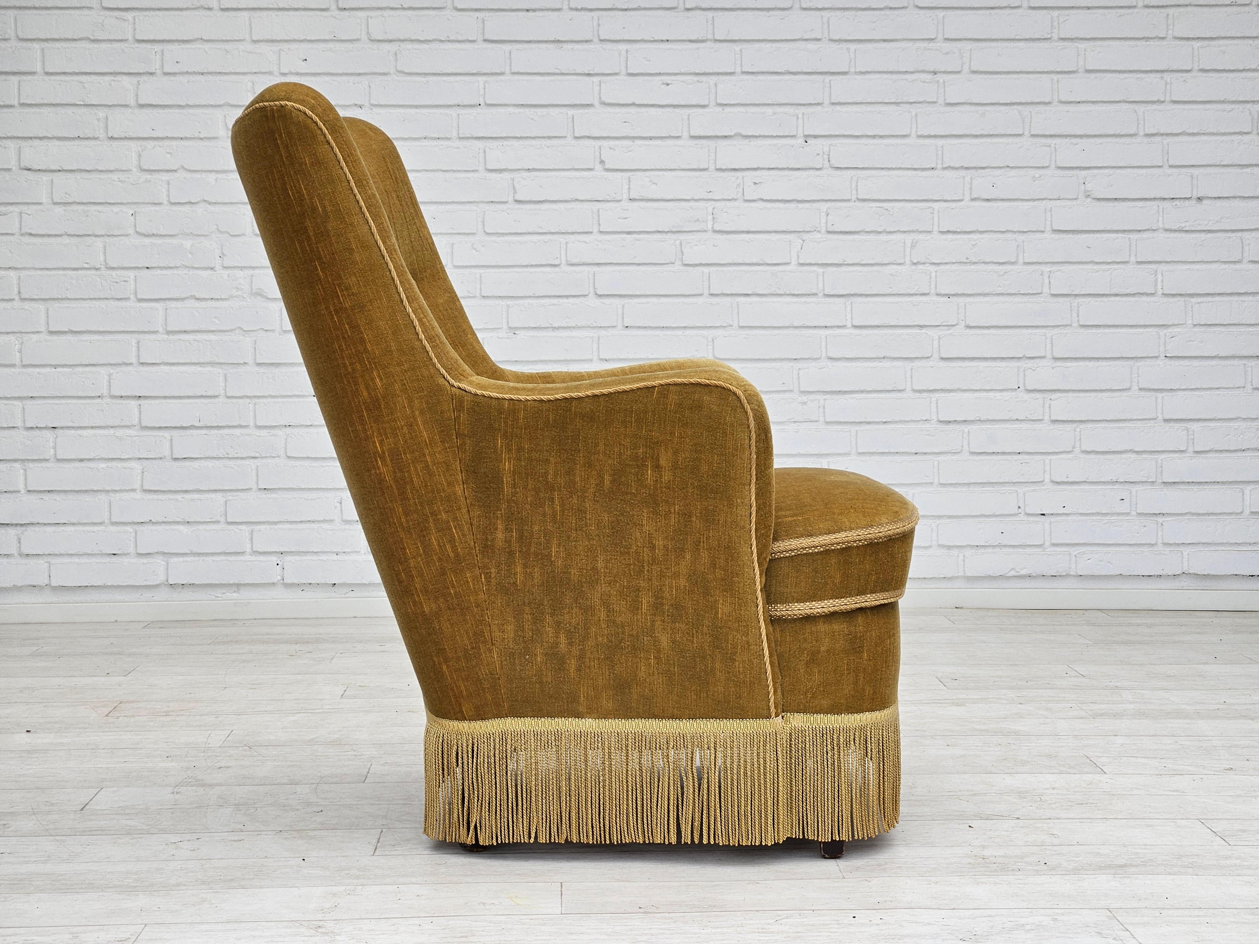 Mid-20th Century 1960s, Danish armchair, original upholstery, light green velour. For Sale