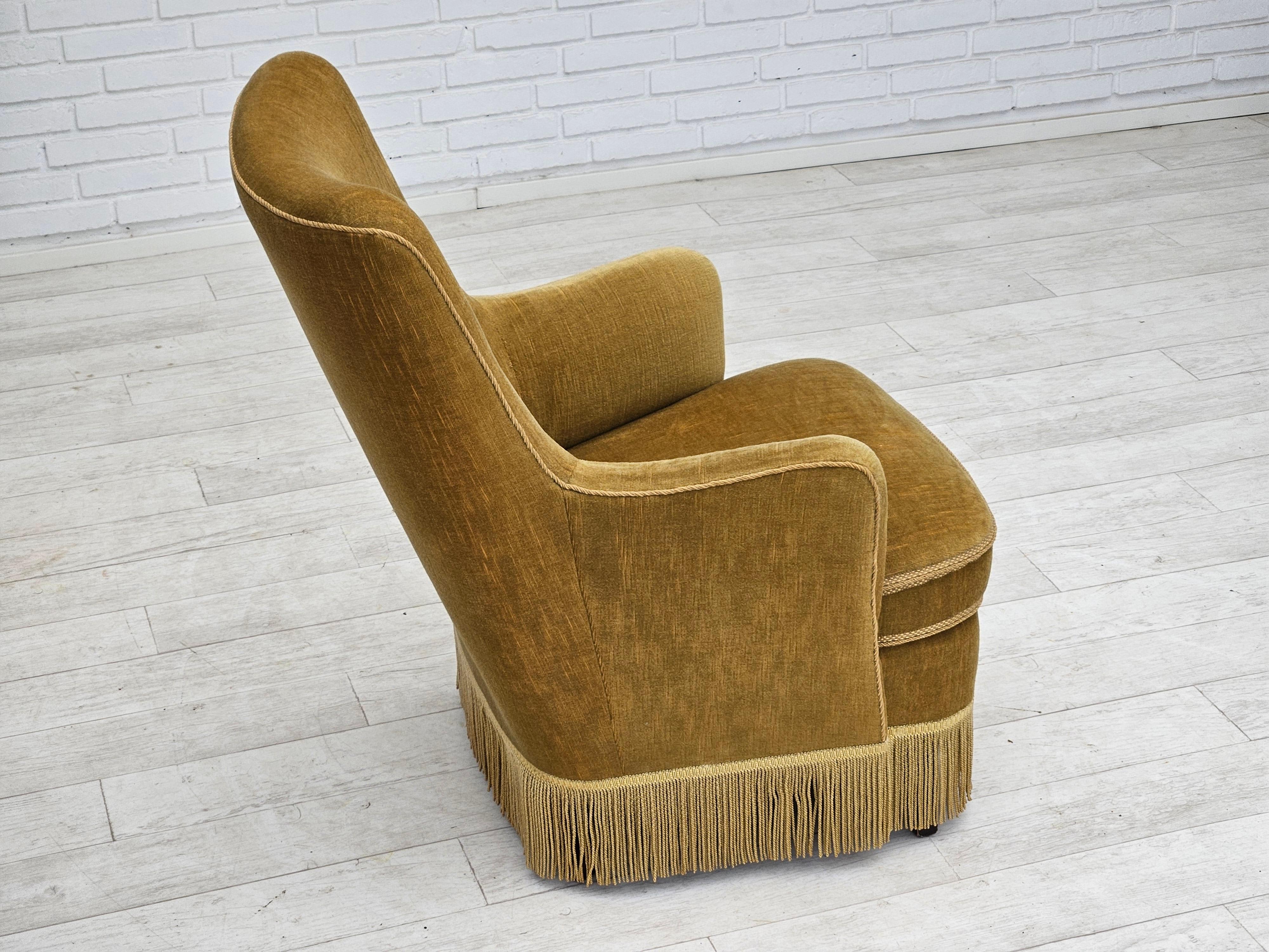 1960s, Danish armchair, original upholstery, light green velour. For Sale 1