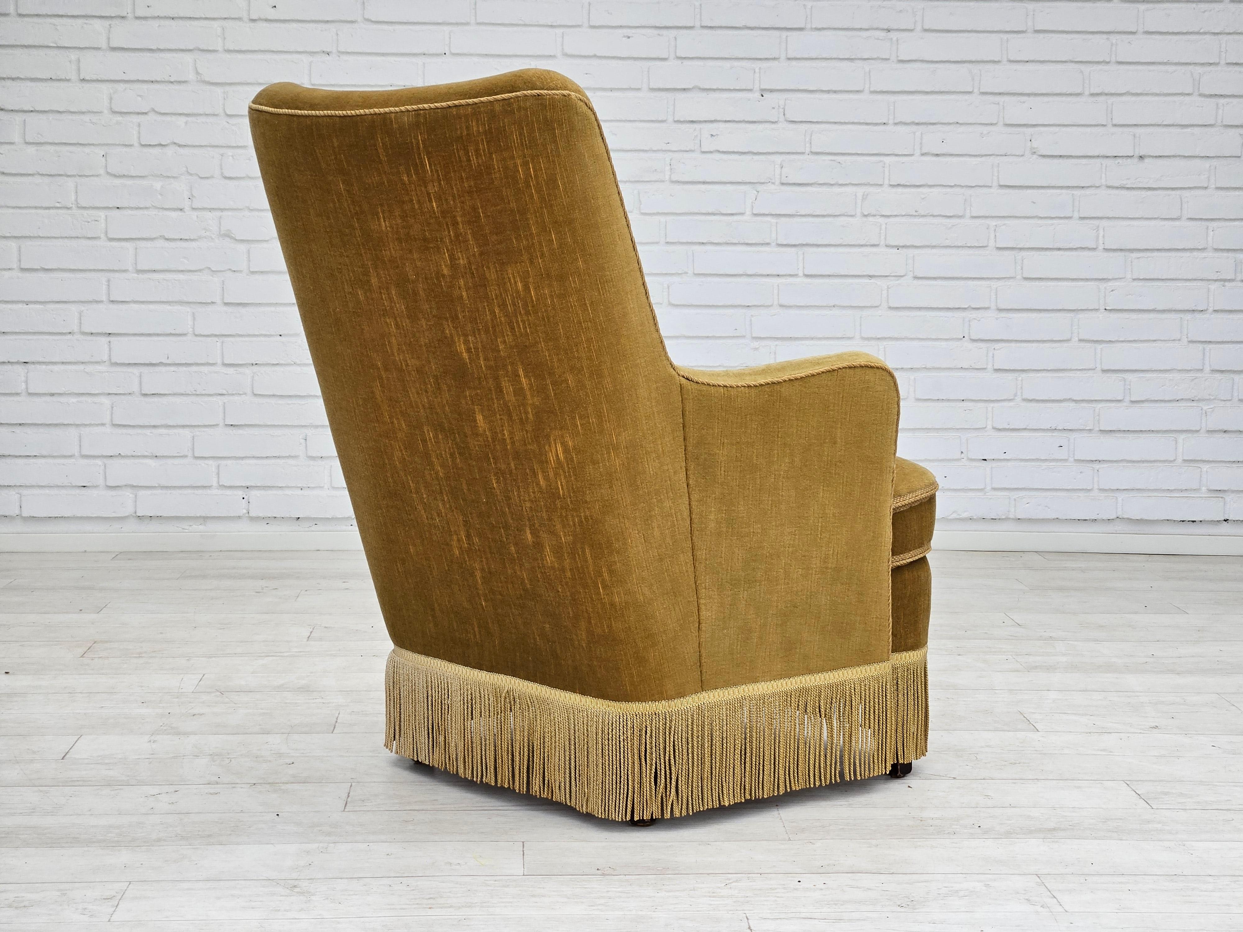 1960s, Danish armchair, original upholstery, light green velour. For Sale 2