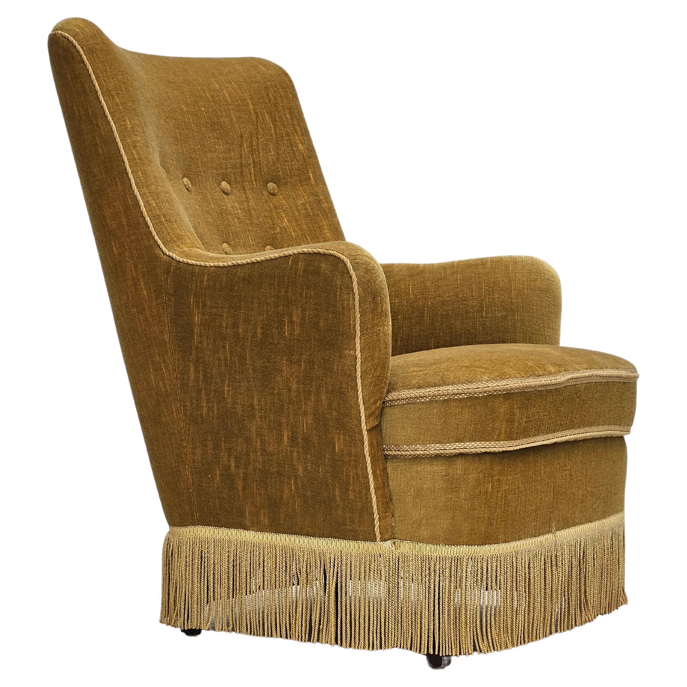 1960s, Danish armchair, original upholstery, light green velour. For Sale