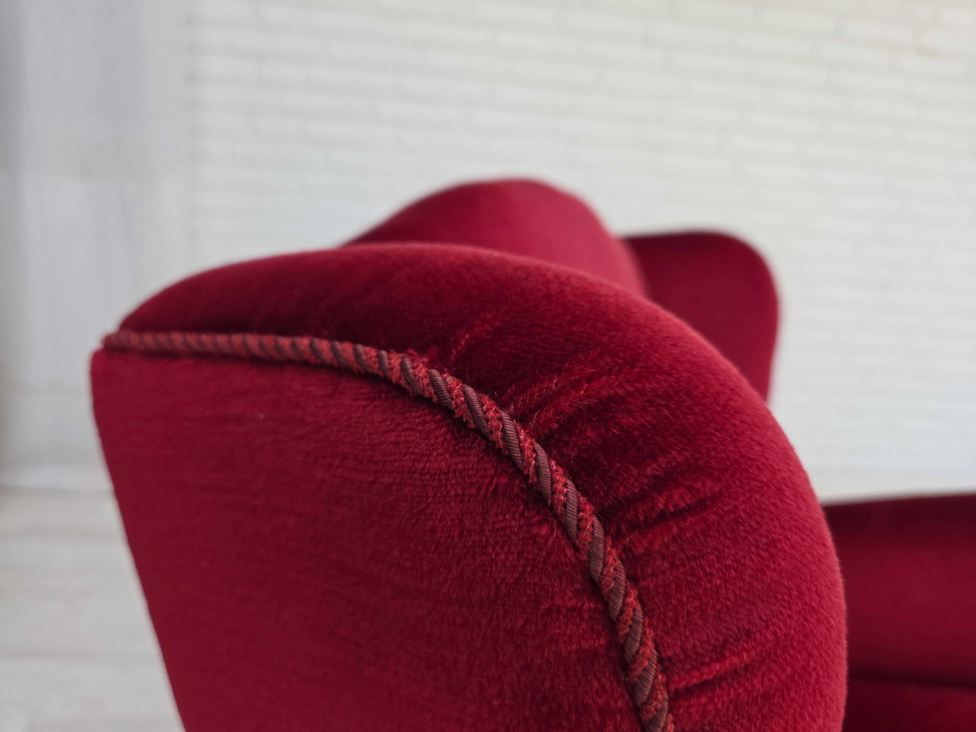 1960s, Danish armchair, red furniture velour, beech wood legs. For Sale 4