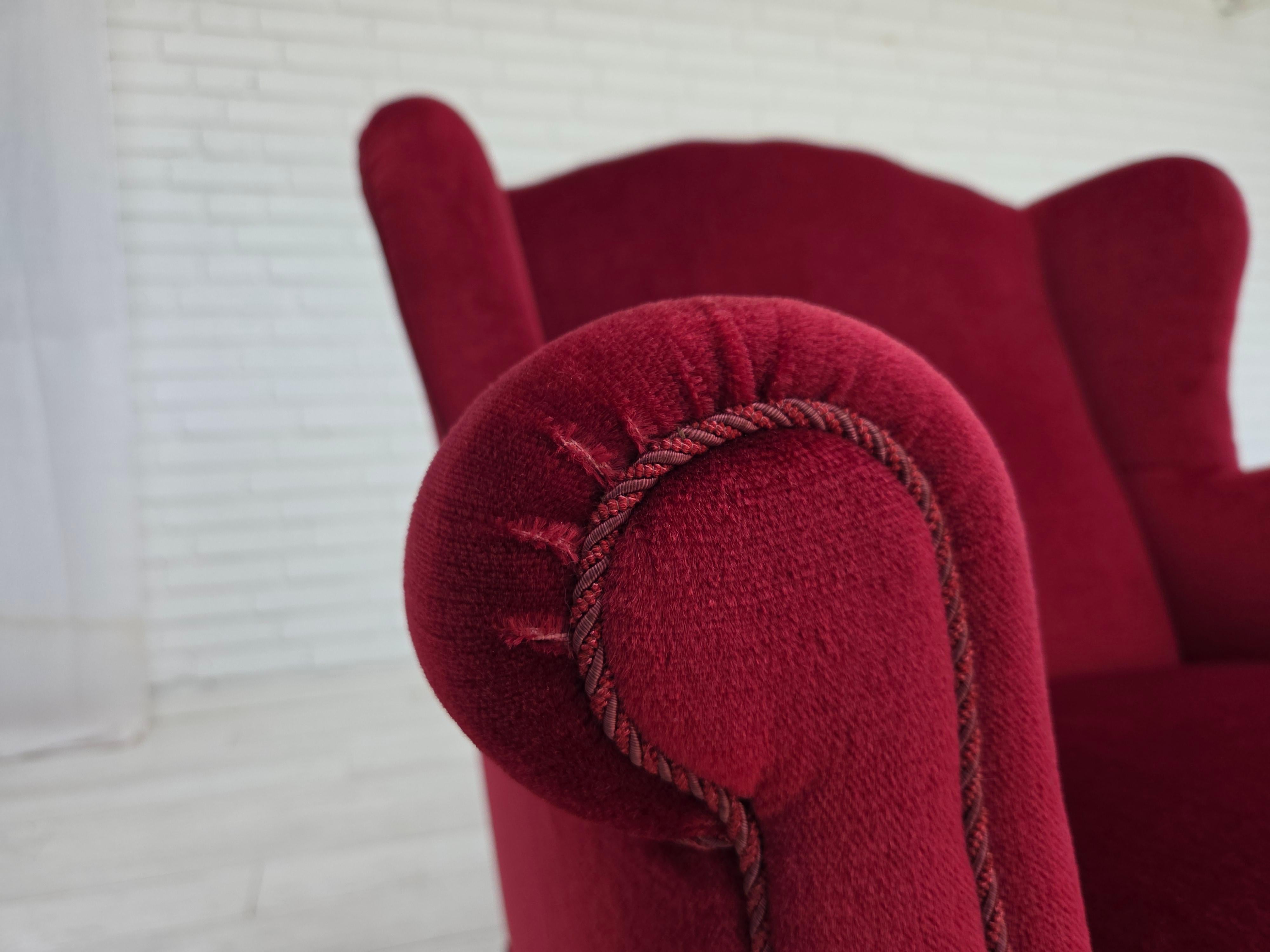 1960s, Danish armchair, red furniture velour, beech wood legs. For Sale 5