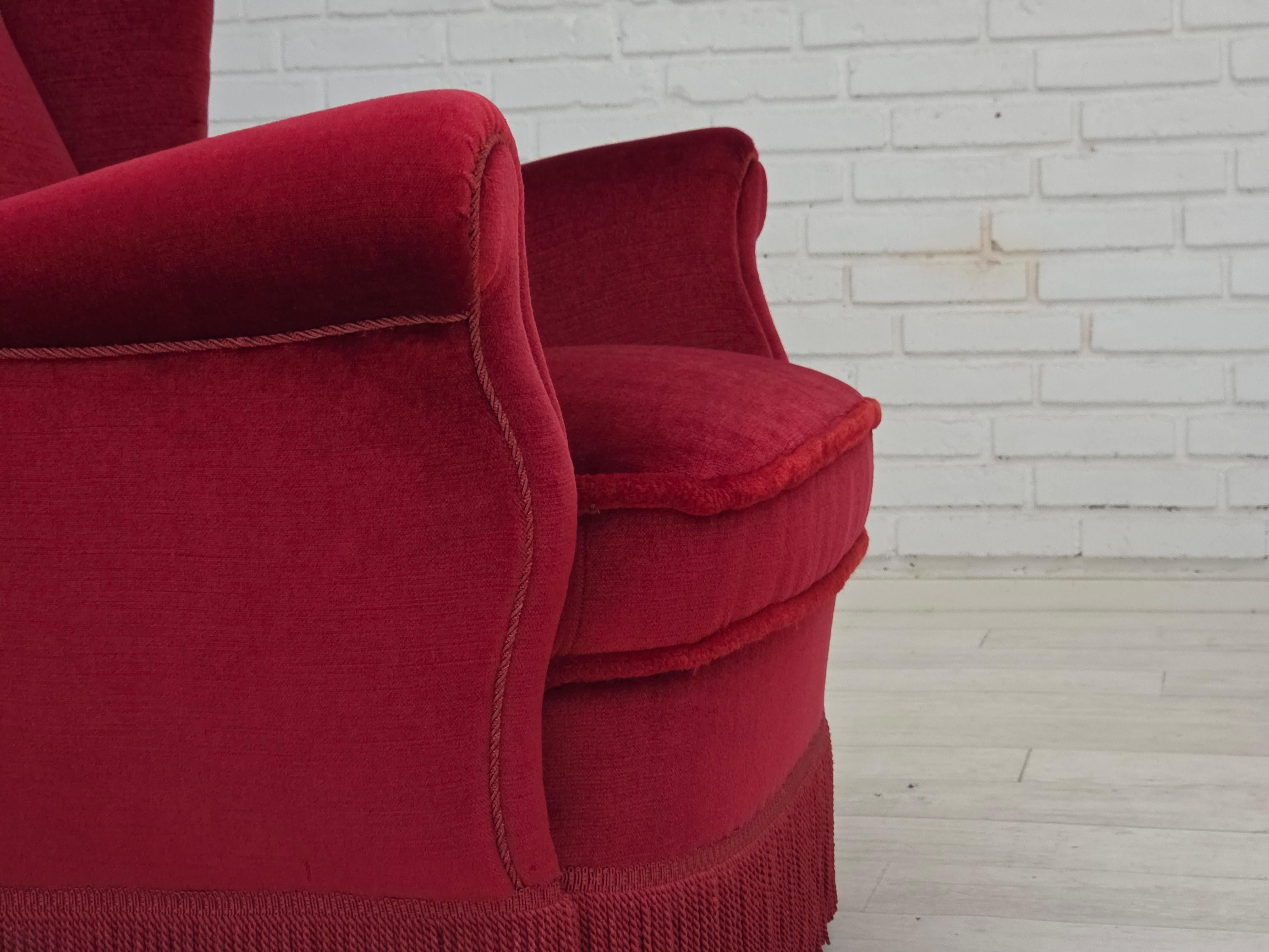 1960s, Danish armchair, red furniture velour, beech wood legs. For Sale 6