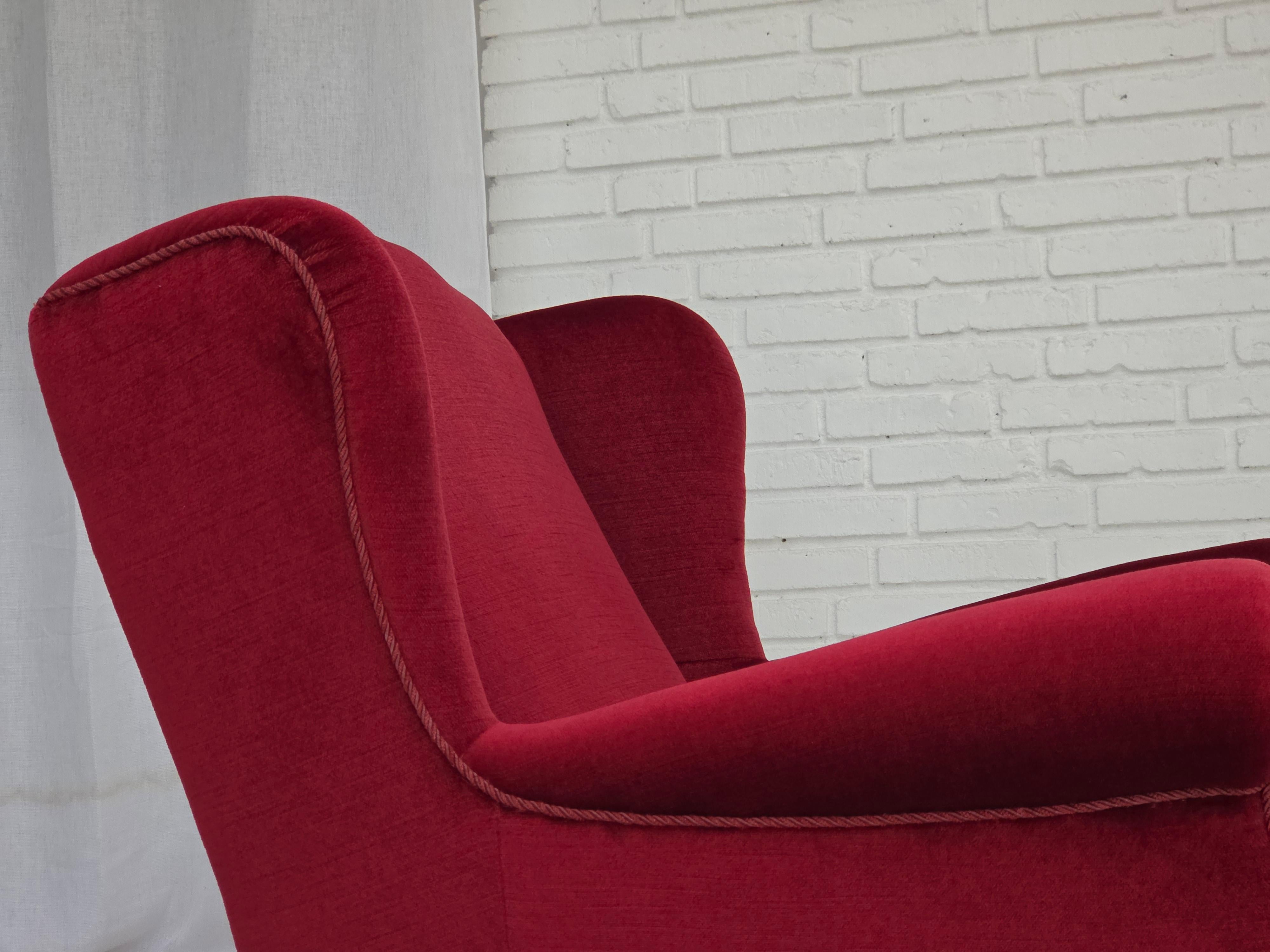 1960s, Danish armchair, red furniture velour, beech wood legs. For Sale 7