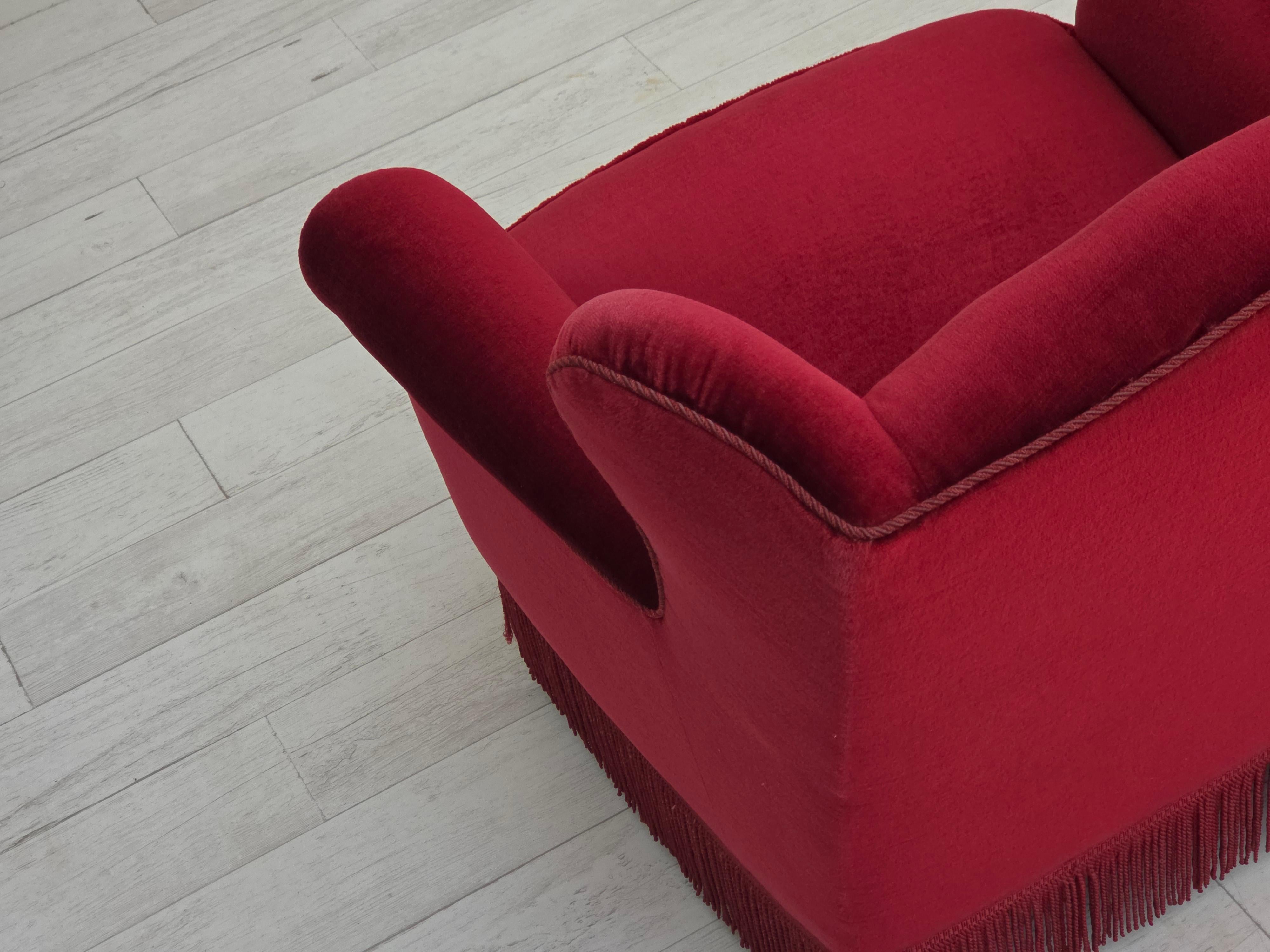 1960s, Danish armchair, red furniture velour, beech wood legs. For Sale 8
