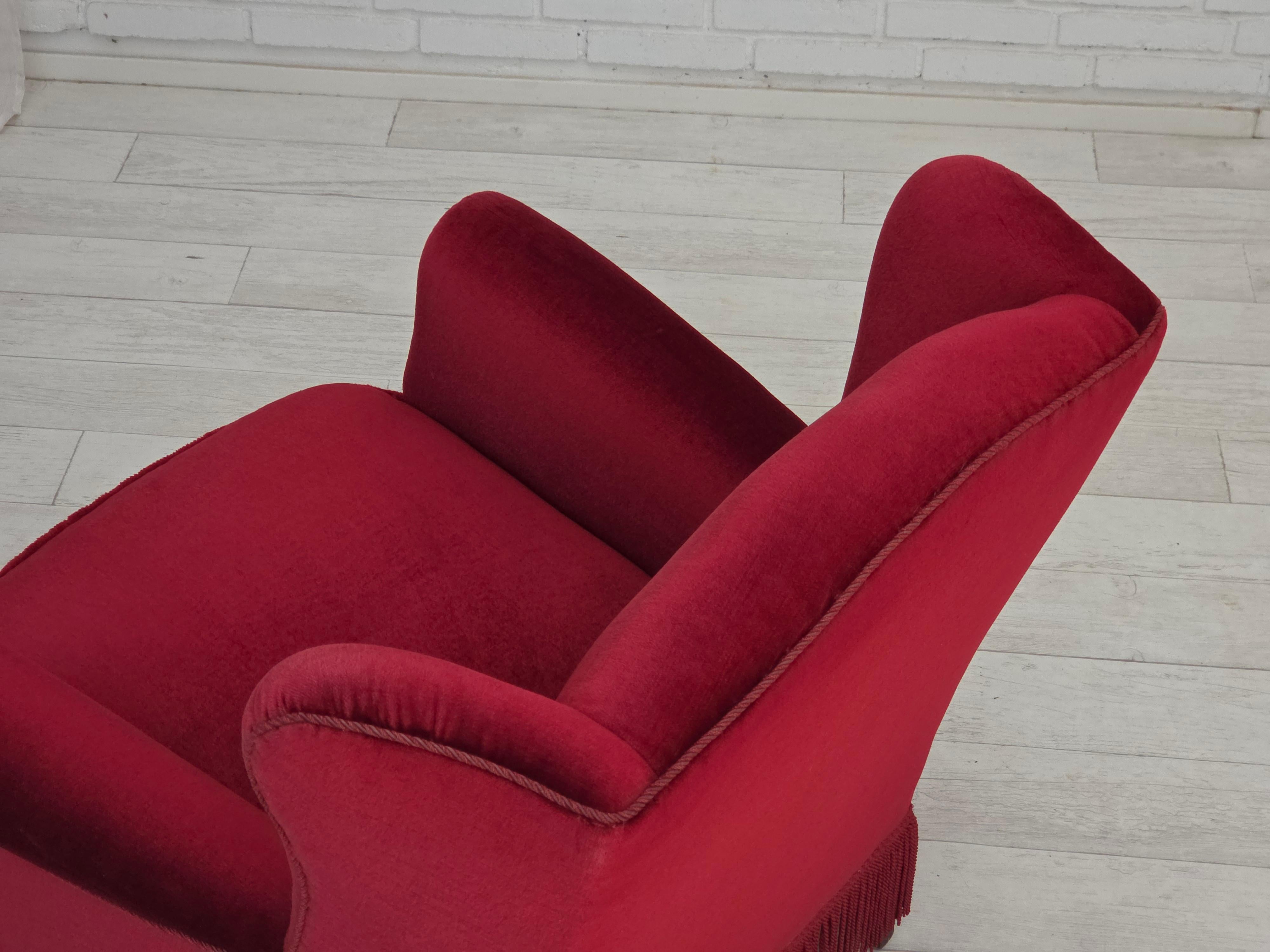 1960s, Danish armchair, red furniture velour, beech wood legs. For Sale 9