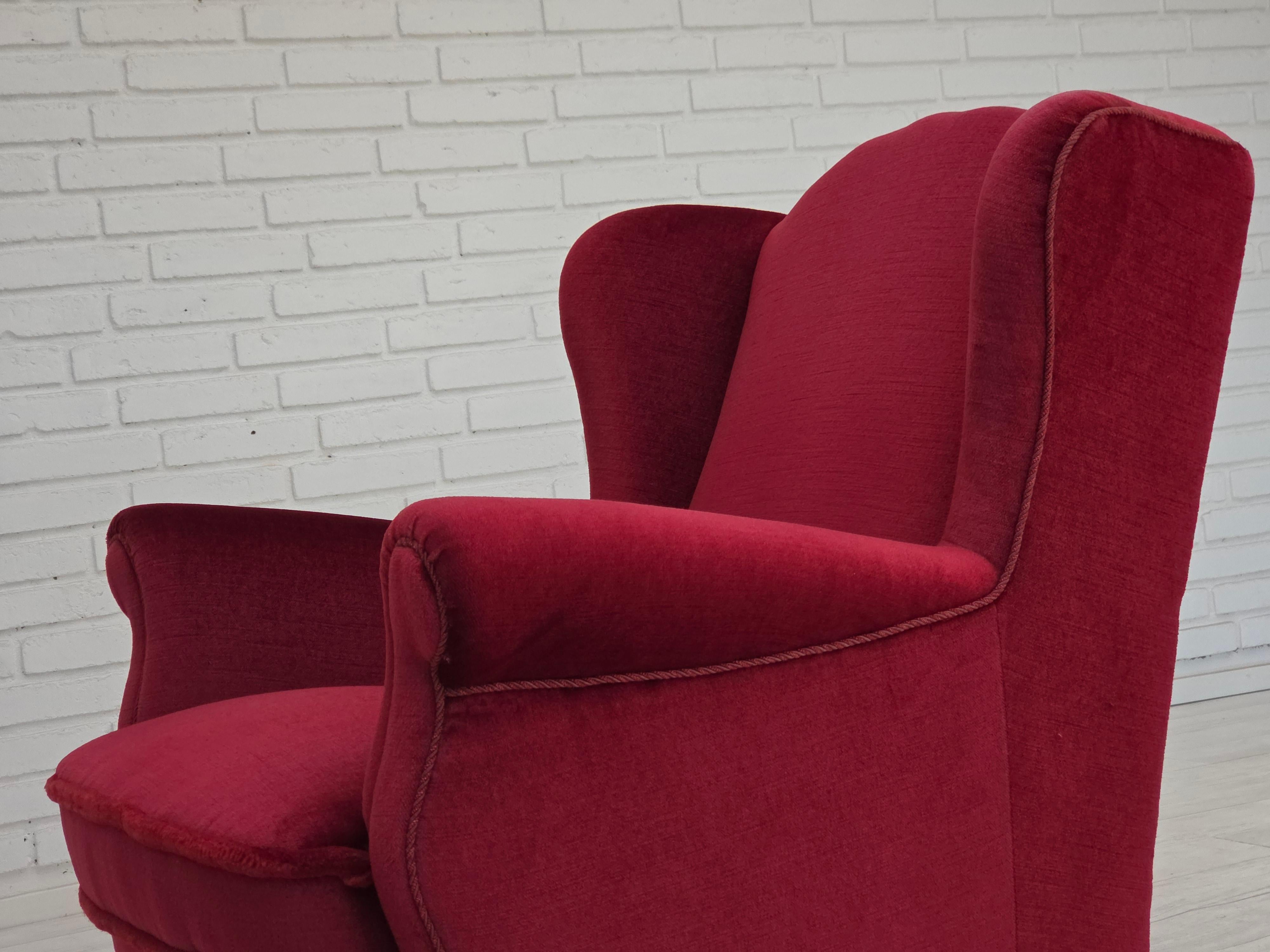 1960s, Danish armchair, red furniture velour, beech wood legs. For Sale 10