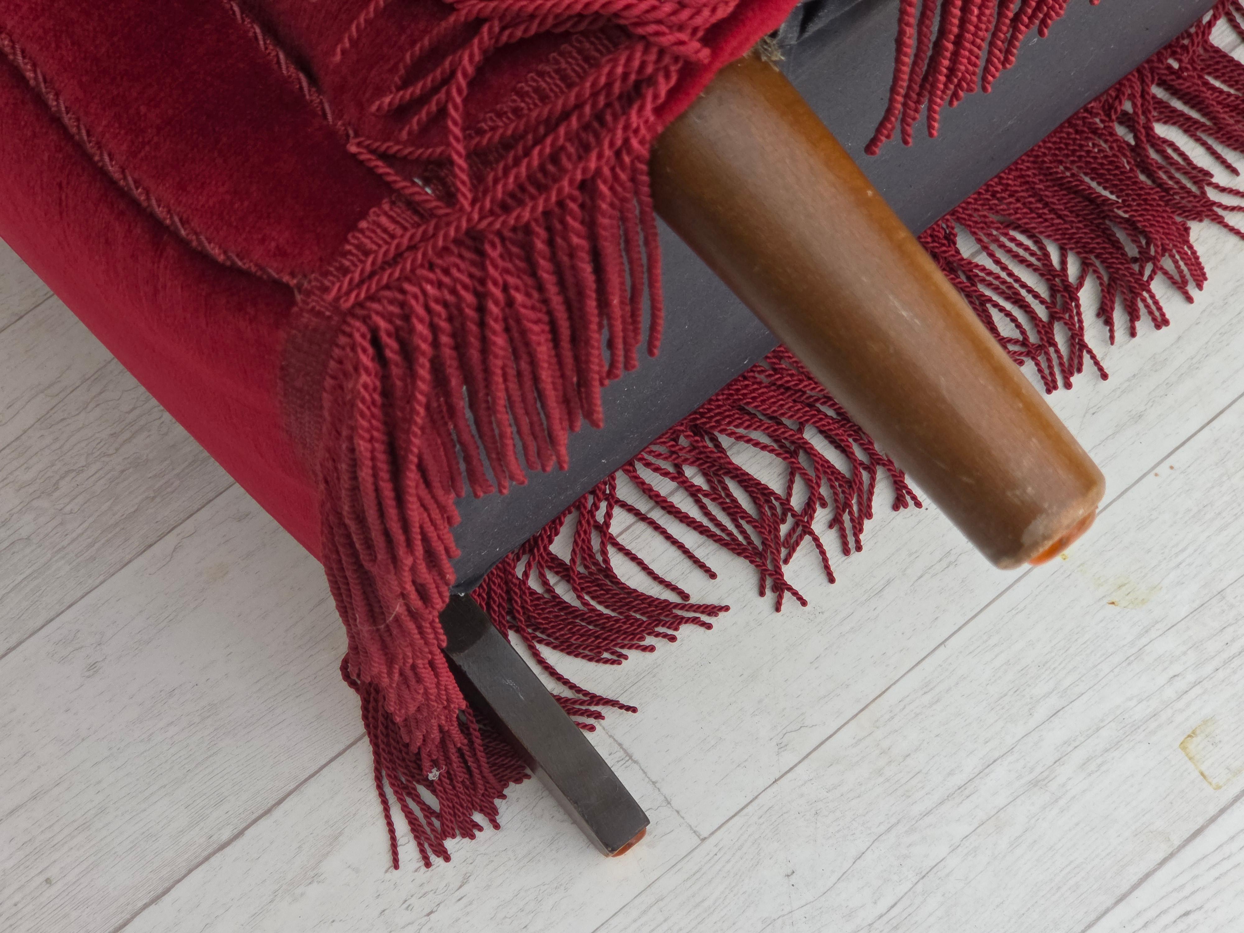 1960s, Danish armchair, red furniture velour, beech wood legs. For Sale 11