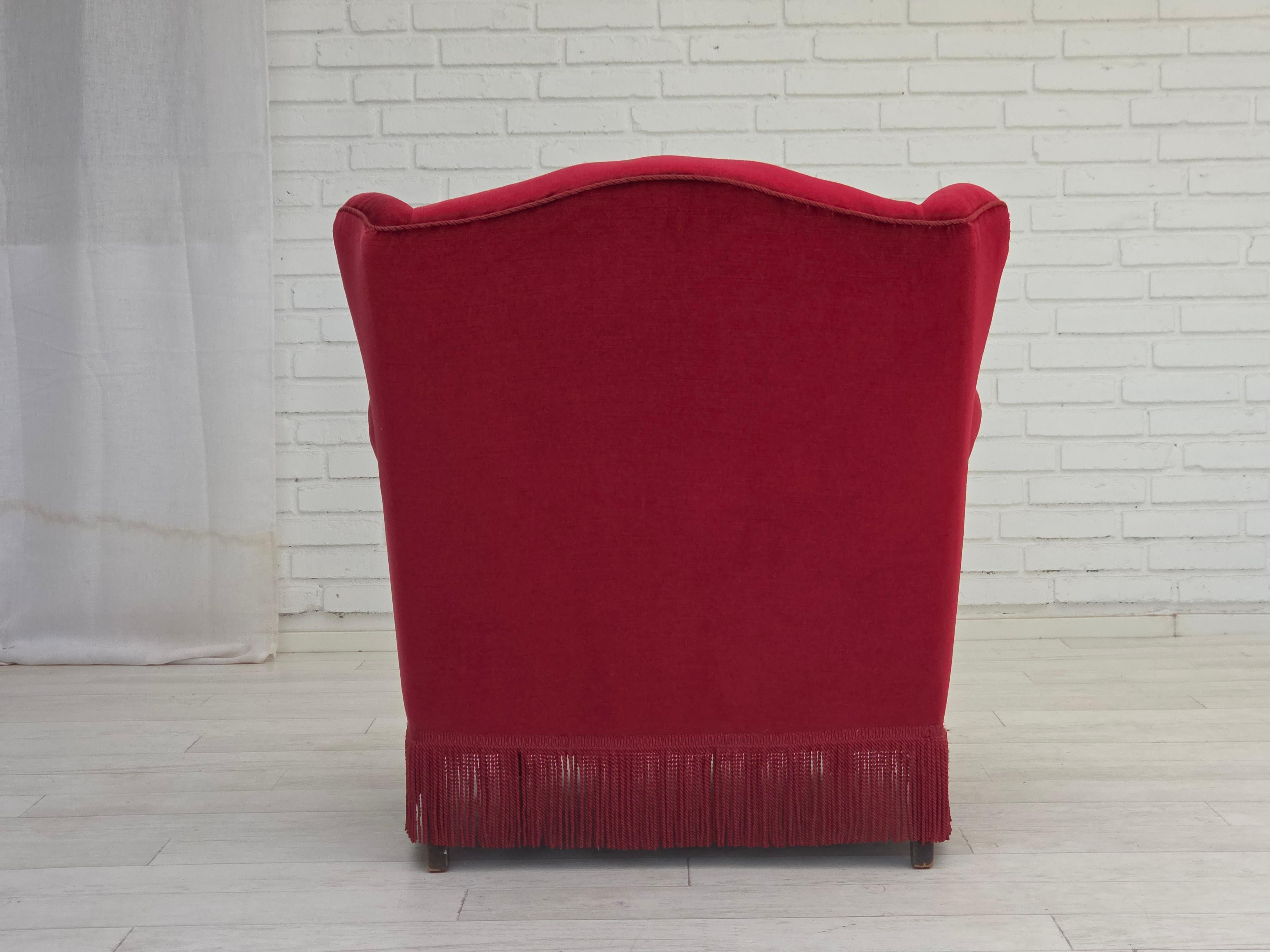 1960s, Danish armchair, red furniture velour, beech wood legs. In Good Condition For Sale In Tarm, 82