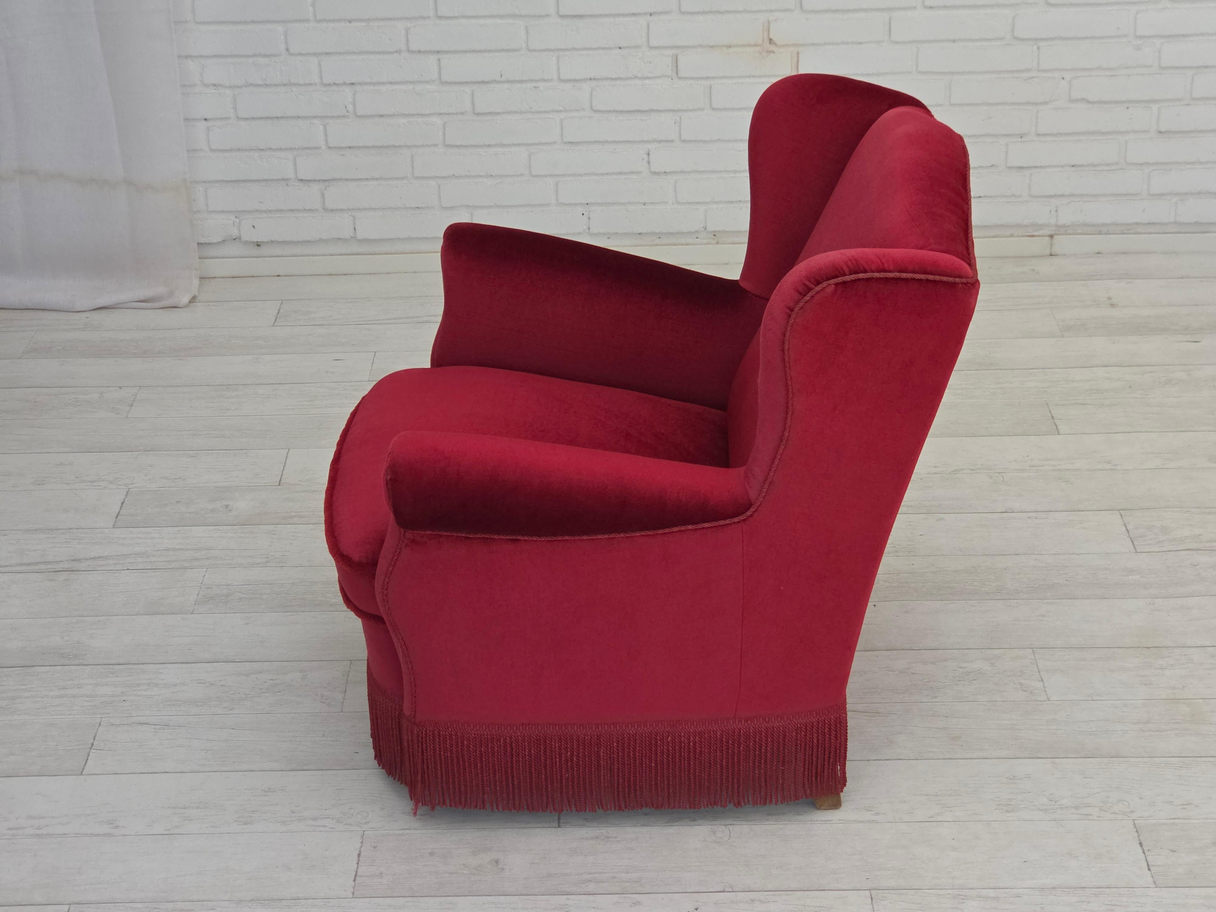 Mid-20th Century 1960s, Danish armchair, red furniture velour, beech wood legs. For Sale