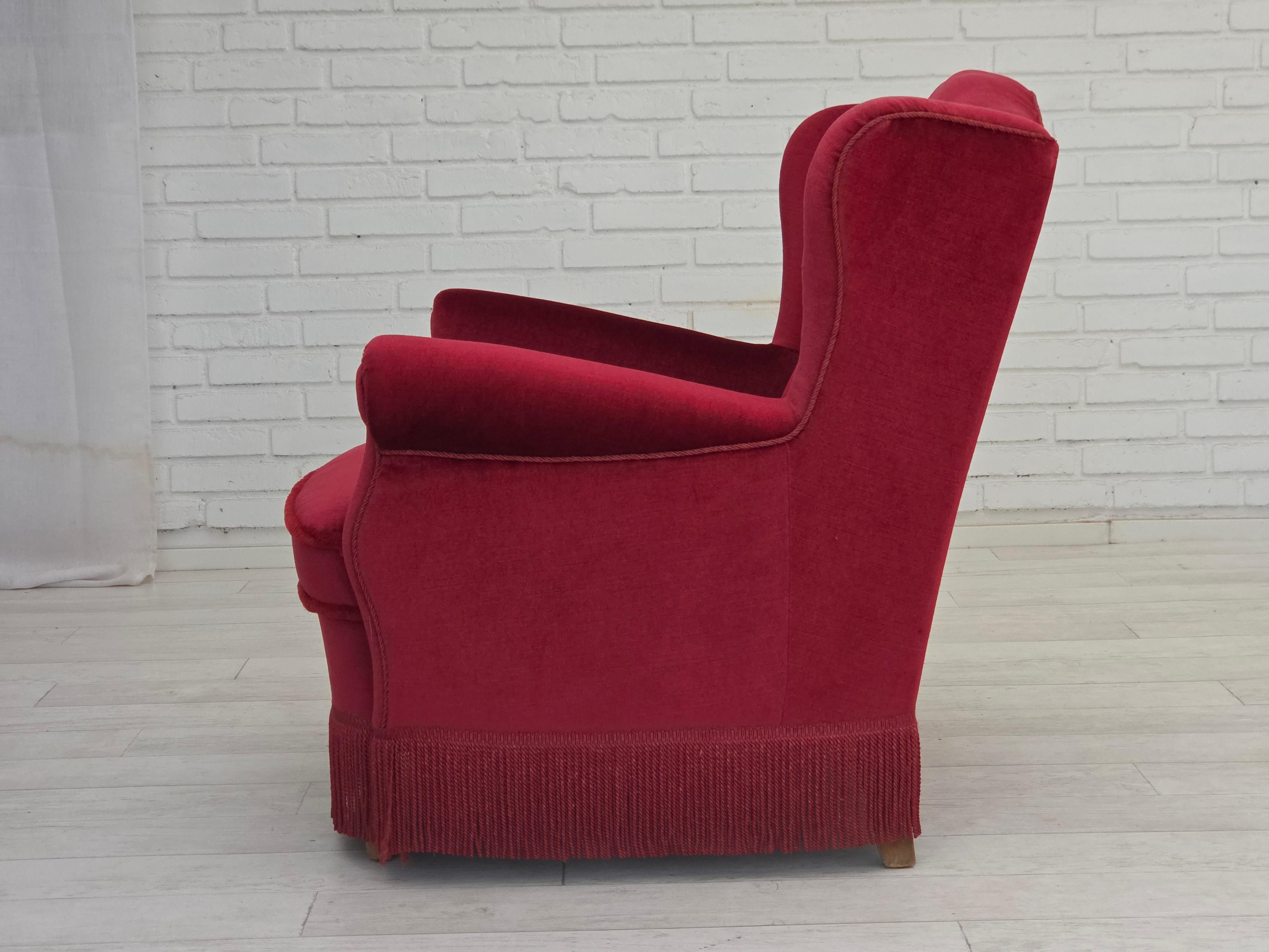 Velvet 1960s, Danish armchair, red furniture velour, beech wood legs. For Sale