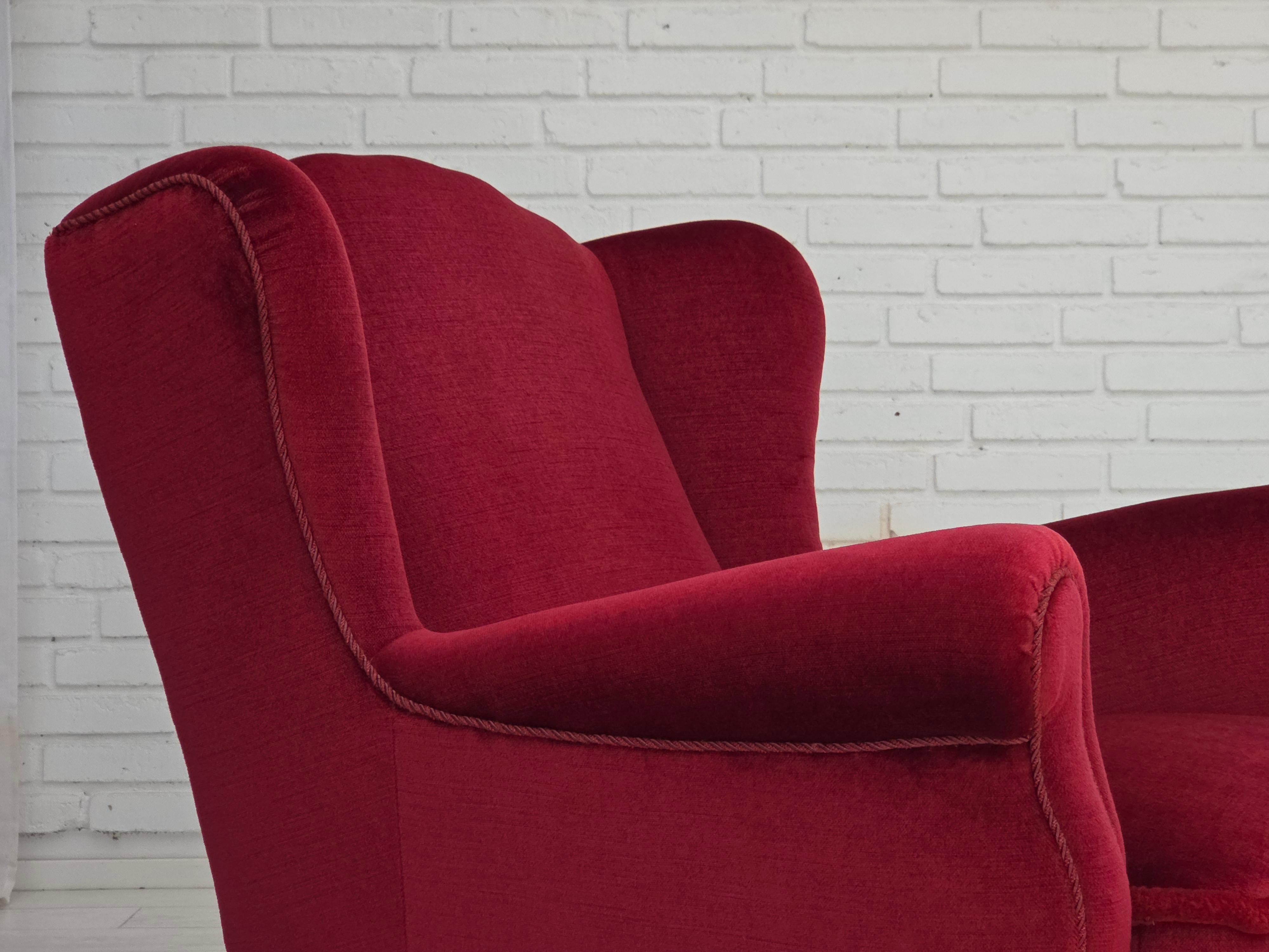1960s, Danish armchair, red furniture velour, beech wood legs. For Sale 3
