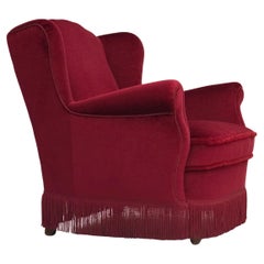 1960s, Danish armchair, red furniture velour, beech wood legs.