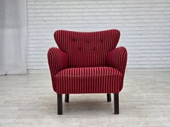 1960s, Danish armchair, red striped furniture wool, oak wood legs.