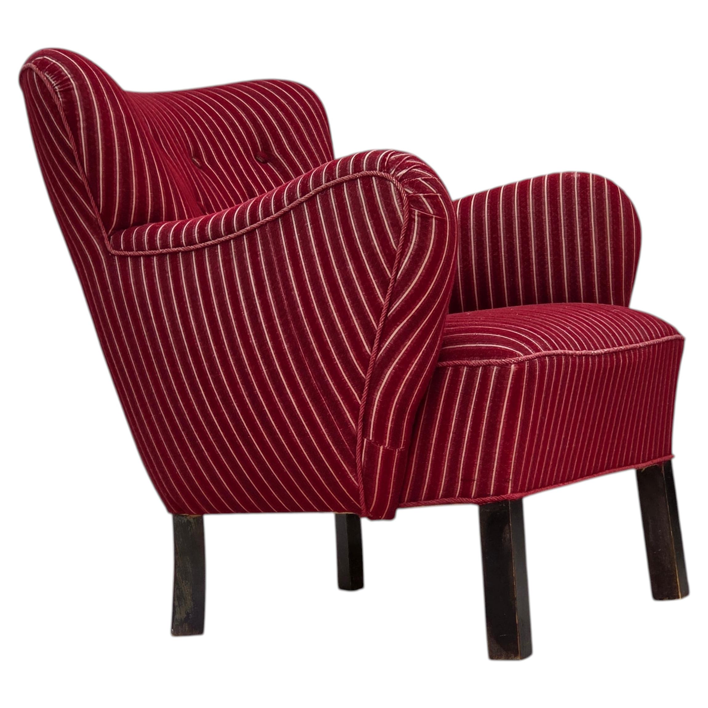 1960s, Danish armchair, red striped furniture wool, oak wood legs.