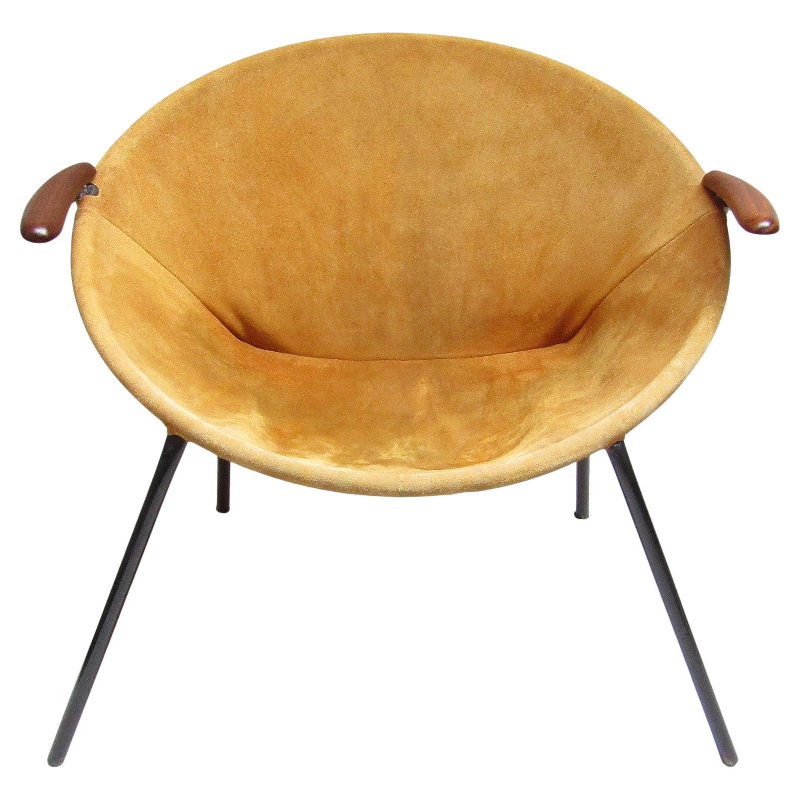 1960s Danish Balloon Lounge Chair In Ochre Suede, Steel 
Teak By Hans Olsen