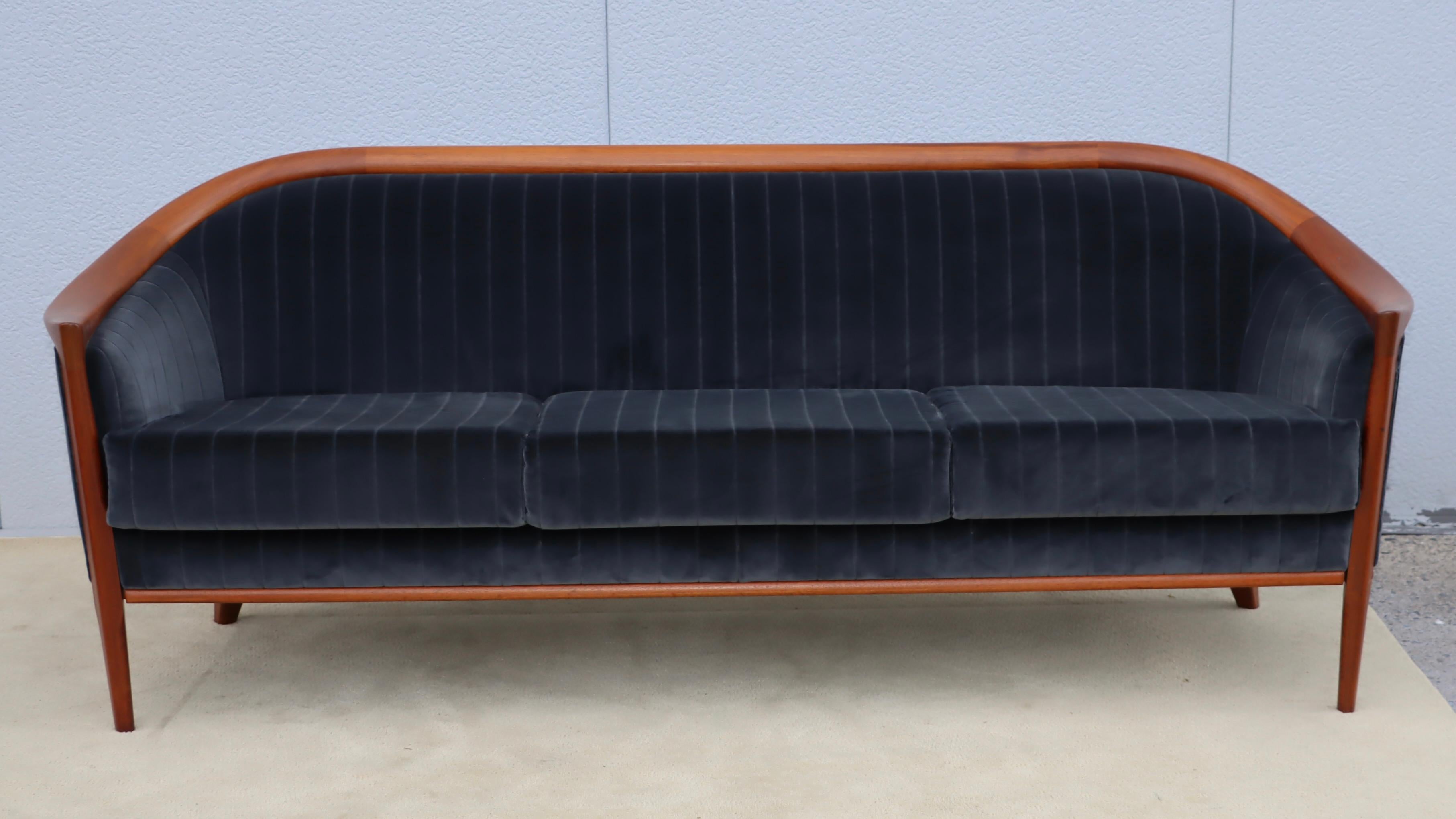 1960's Danish Bertil Fridhagen Teak Sofa In Velvet Upholstery In Good Condition For Sale In New York, NY