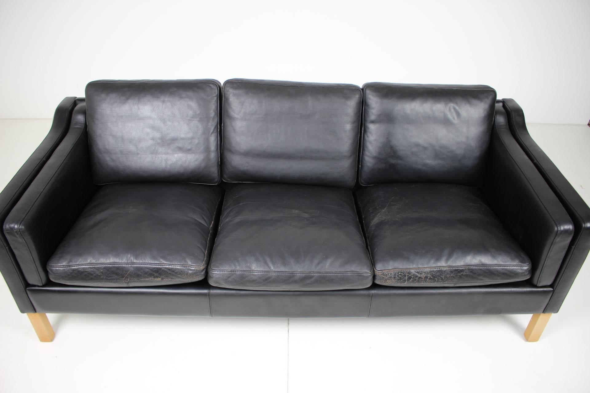 1960s Danish Black Leather 3-Seat Sofa 1