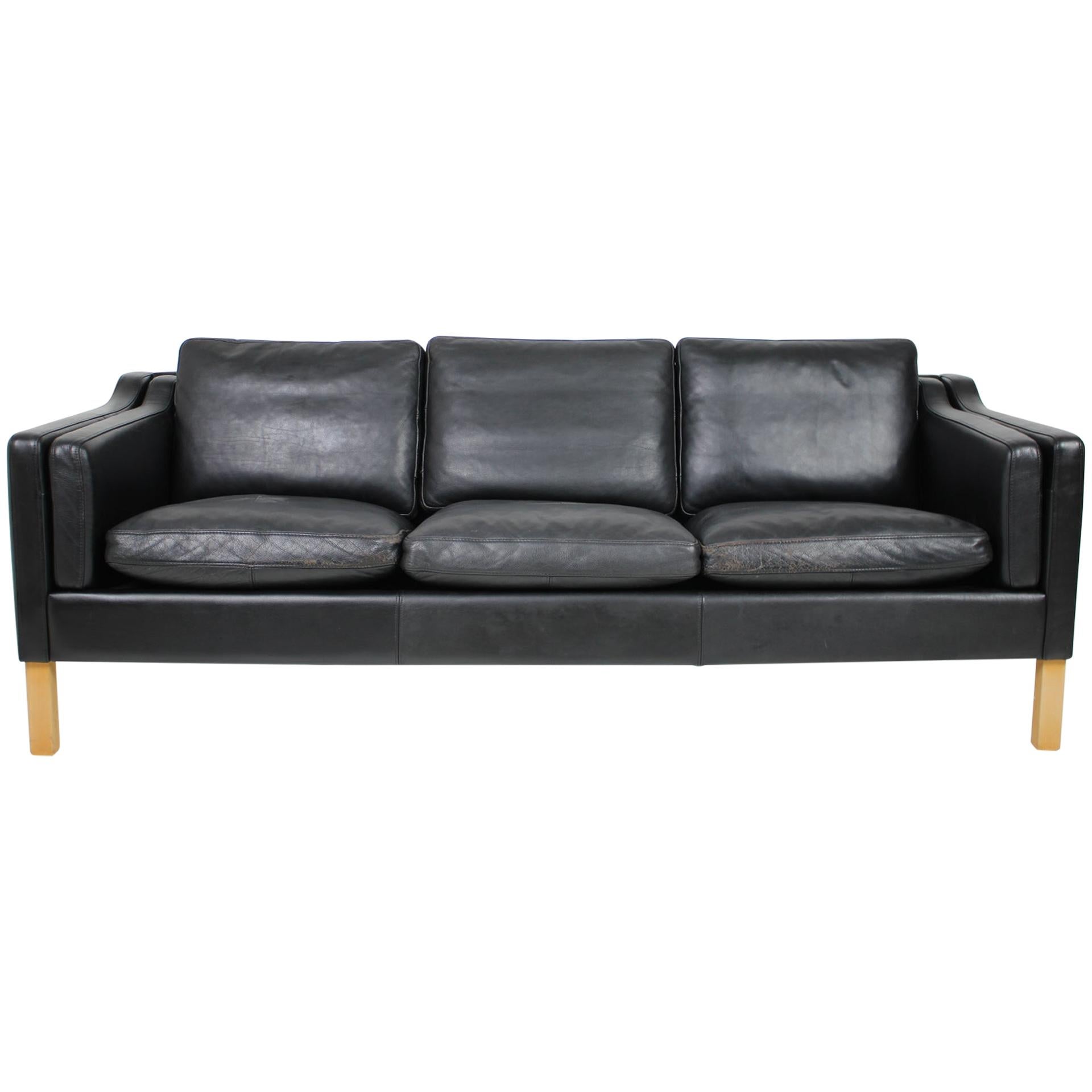 1960s Danish Black Leather 3-Seat Sofa