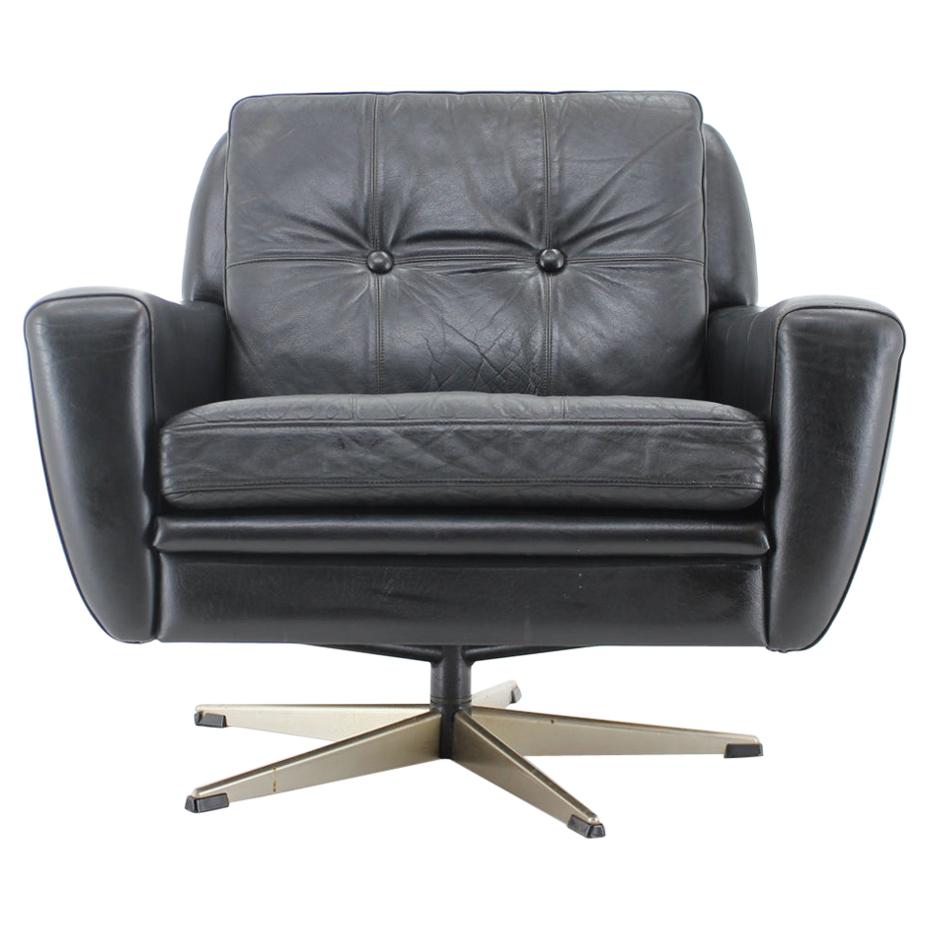 1960s Danish Black Leather Swivel Chair