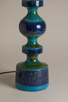 1960s Danish Blue & Green Pottery Lamp & Original Lampshade