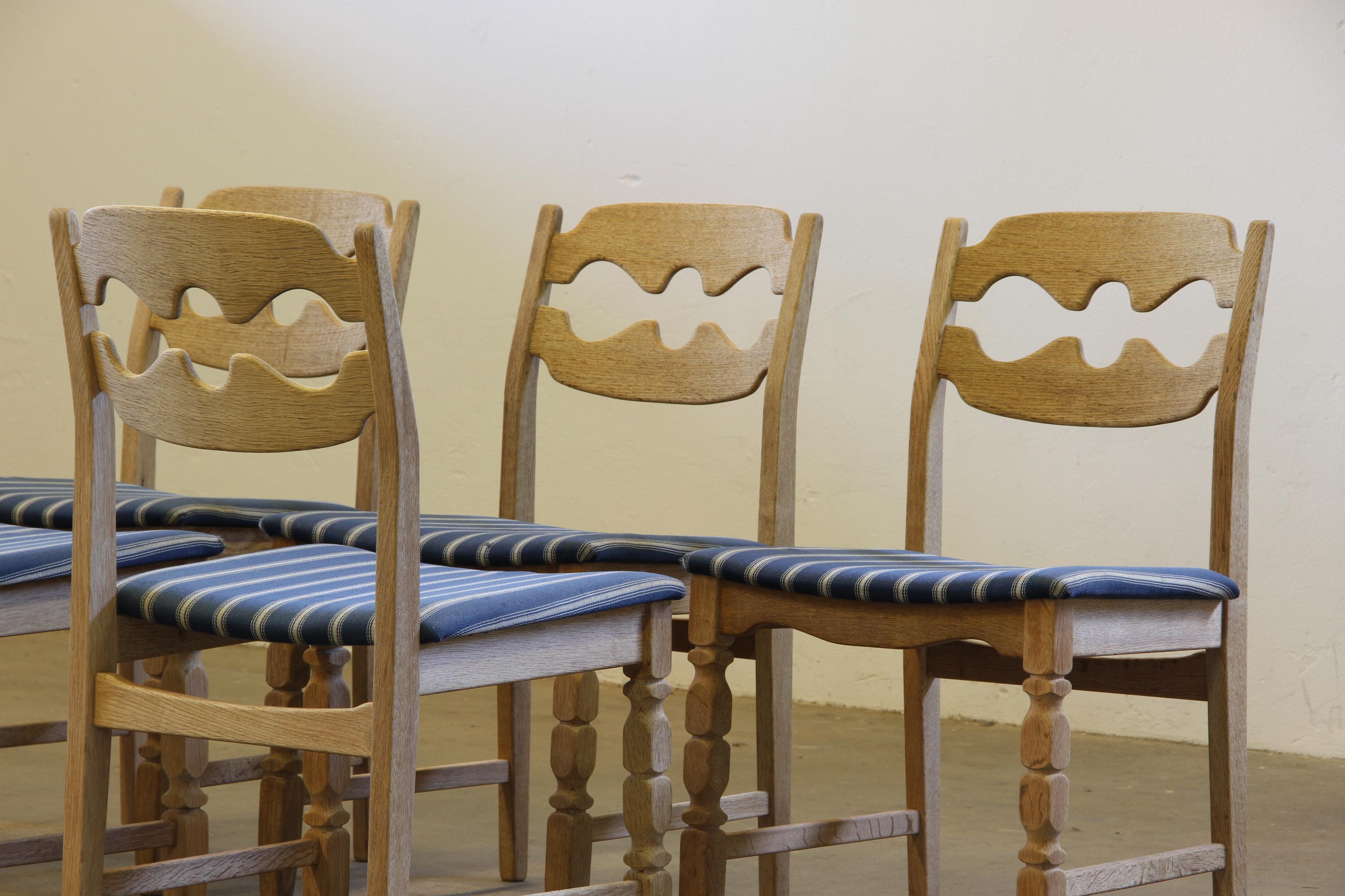 Fabric 1960s Danish Brutalist Oak Razorblade Dining Chairs by Henning Kjærnulf For Sale