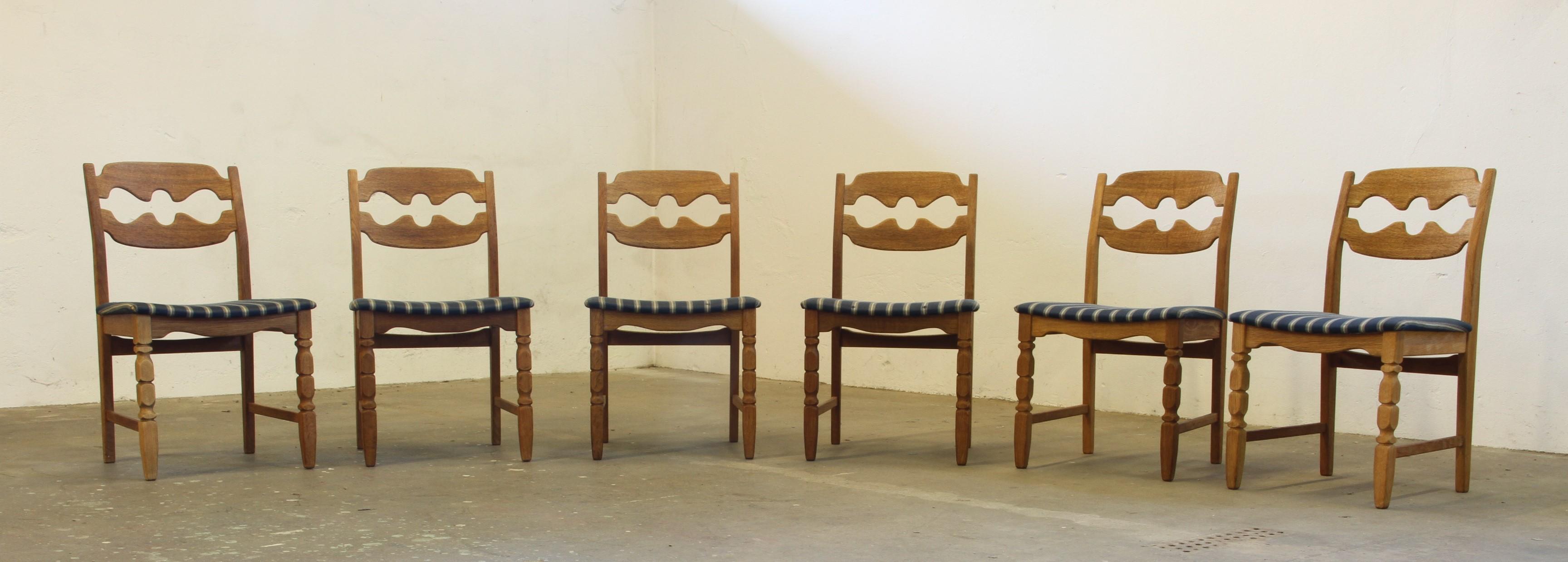 Fabric 1960s Danish Brutalist Oak Razorblade Dining Chairs by Henning Kjærnulf For Sale
