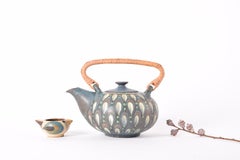 1960s Danish Ceramic Teapot by Margrethe Dybdahl, Hand-painted, Rattan Handle