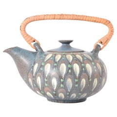 1960s Danish Ceramic Teapot by Margrethe Dybdahl, Hand-painted, Rattan Handle