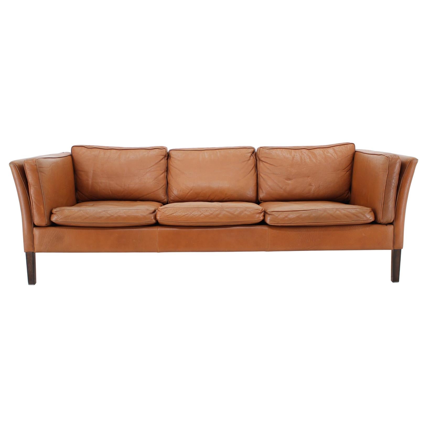 1960s Danish Cognac Brown Leather 3-Seat Sofa