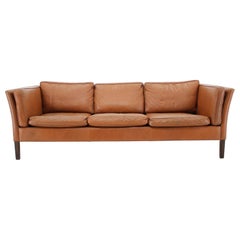 1960s Danish Cognac Brown Leather 3-Seat Sofa