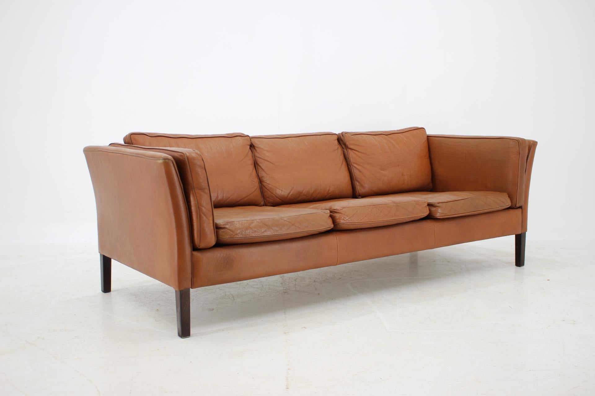 Mid-Century Modern 1960s Danish Cognac Brown Leather 3-Seat Sofa