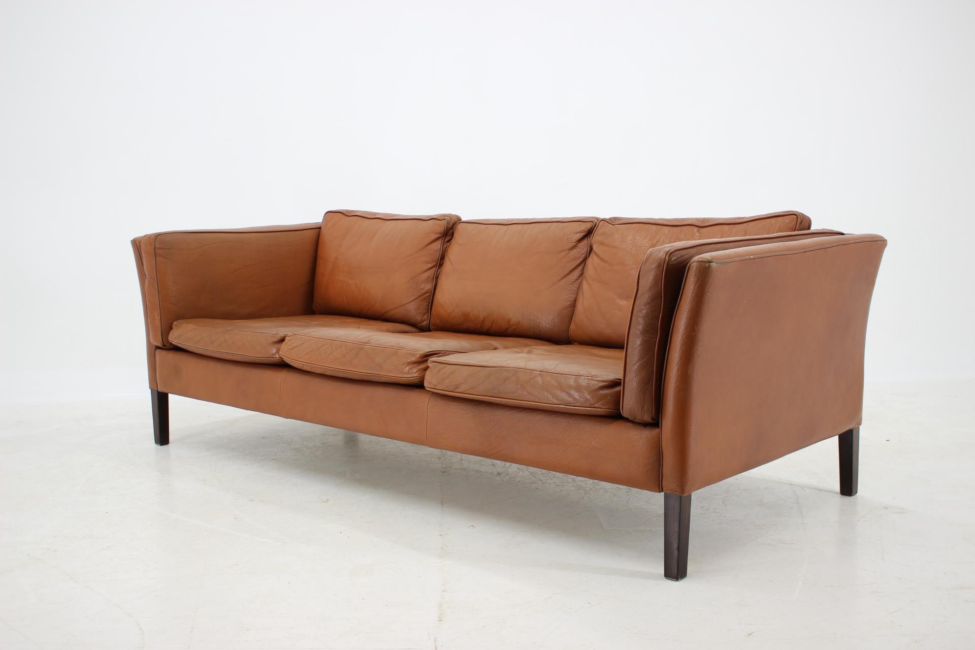 1960s Danish Cognac Brown Leather 3-Seat Sofa In Good Condition In Praha, CZ