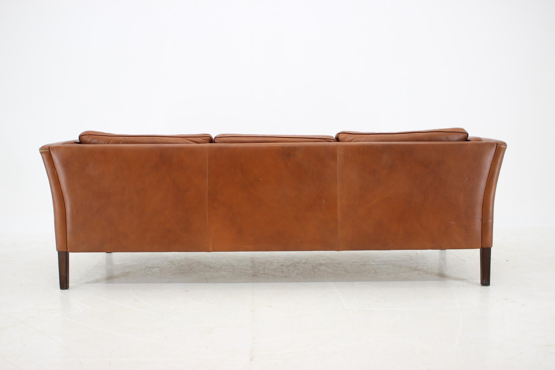 Mid-20th Century 1960s Danish Cognac Brown Leather 3-Seat Sofa