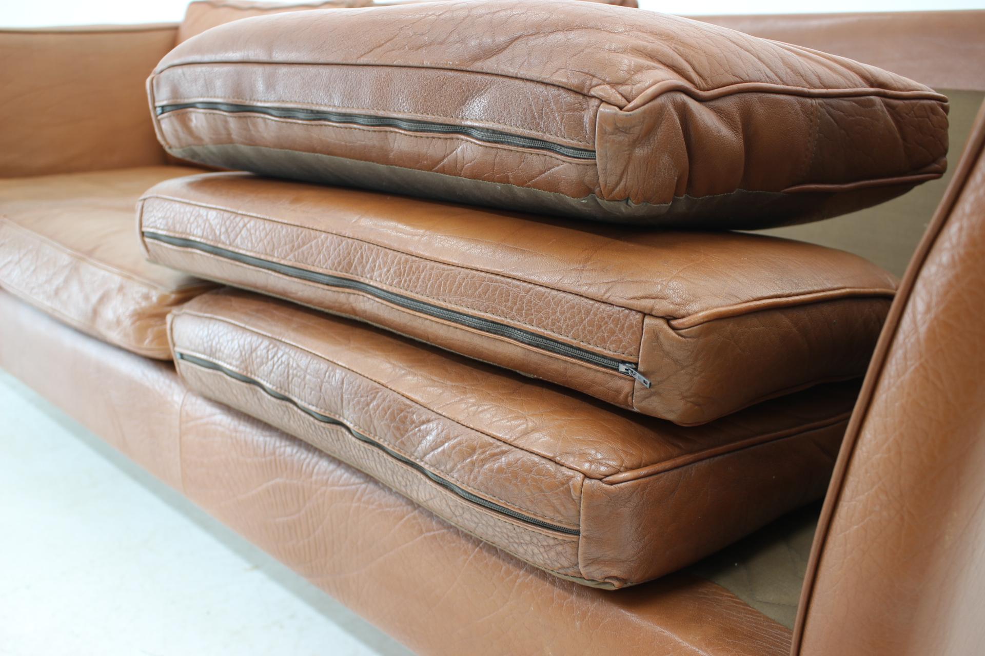 Wood 1960s Danish Cognac Brown Leather 3-Seat Sofa