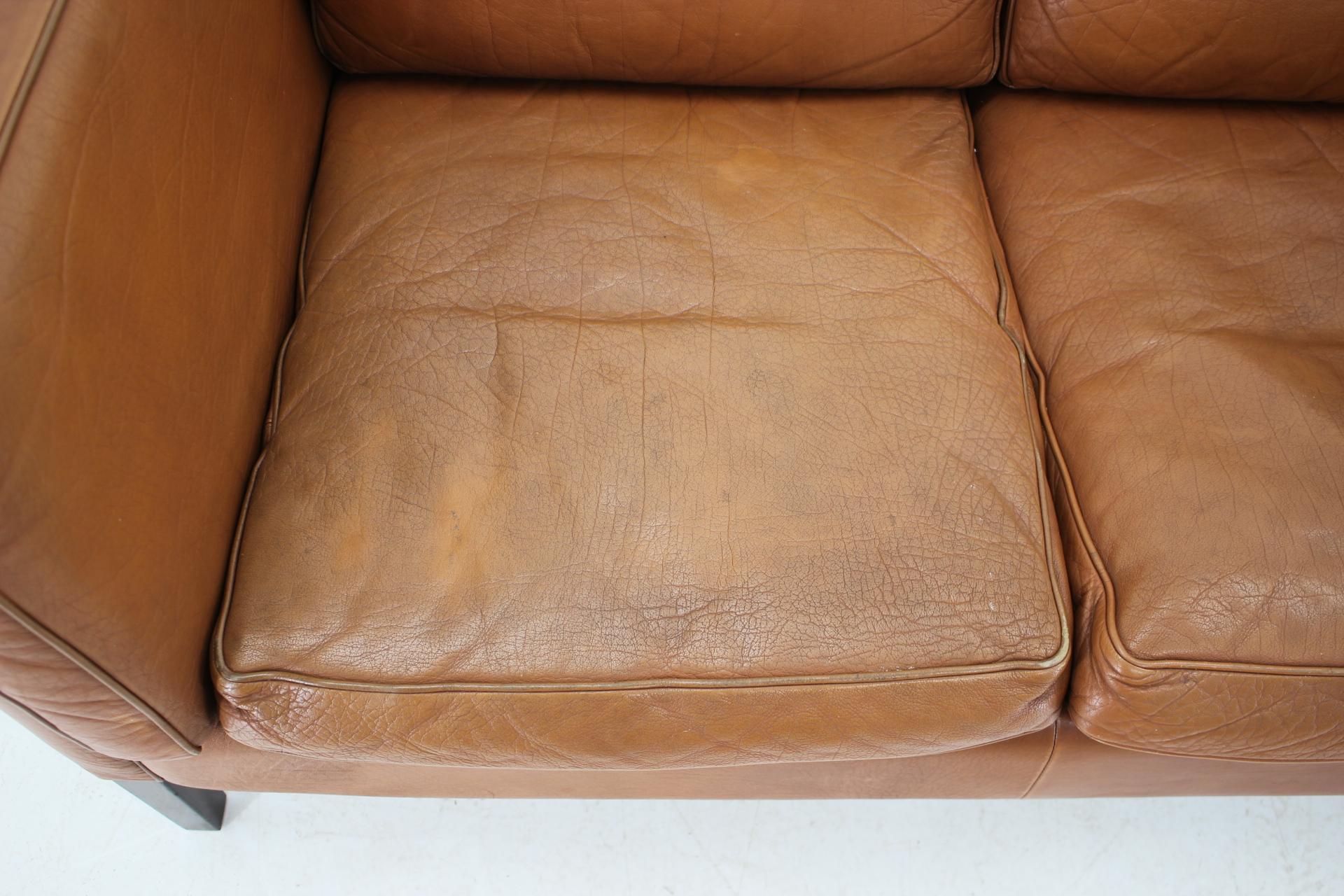 1960s Danish Cognac Brown Leather 3-Seat Sofa 1
