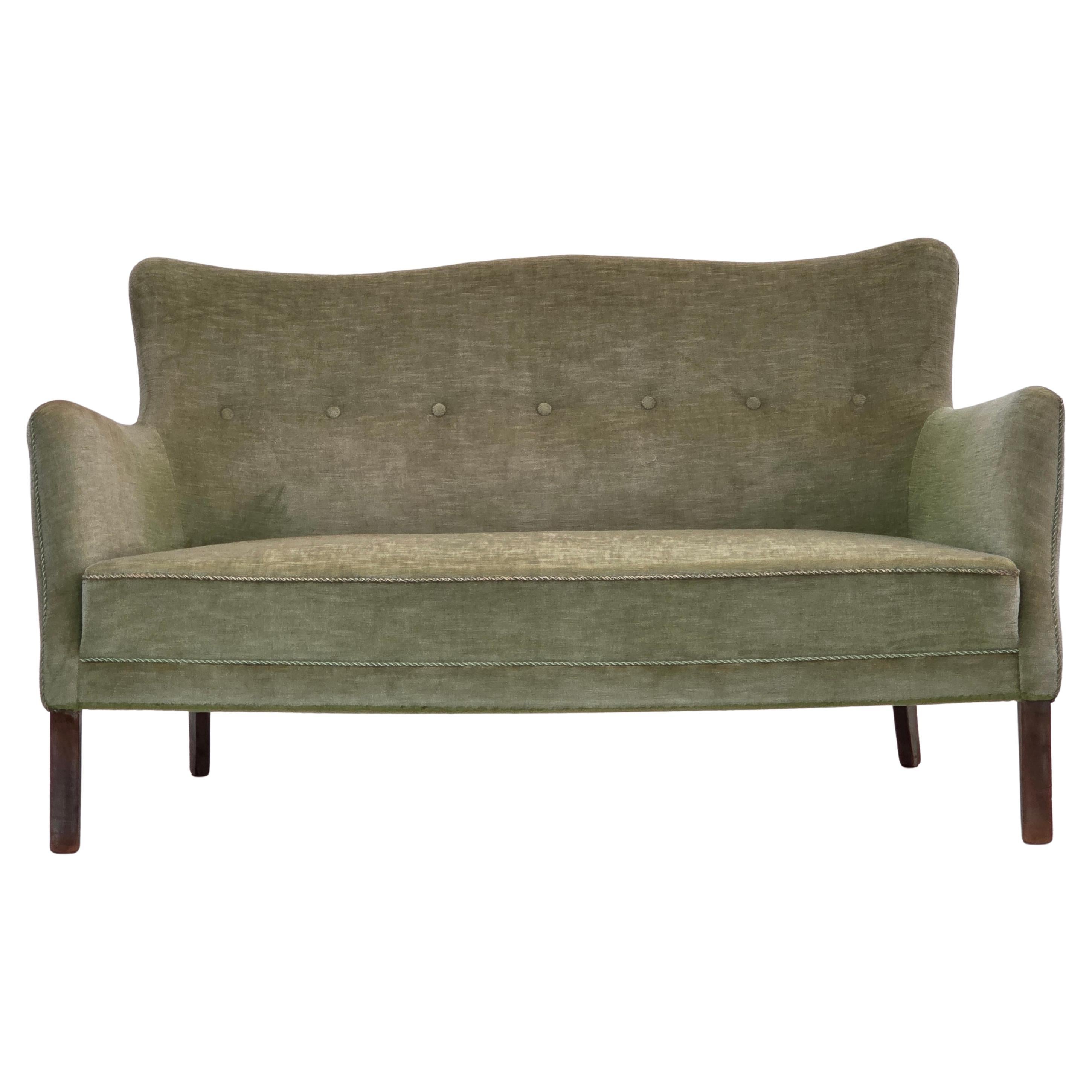 1960s, Danish curved 2-seater sofa, furniture velour, beech wood.