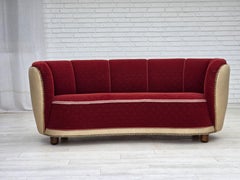 1960s, Danish curved 2-seater sofa, red/beige furniture wool fabric.