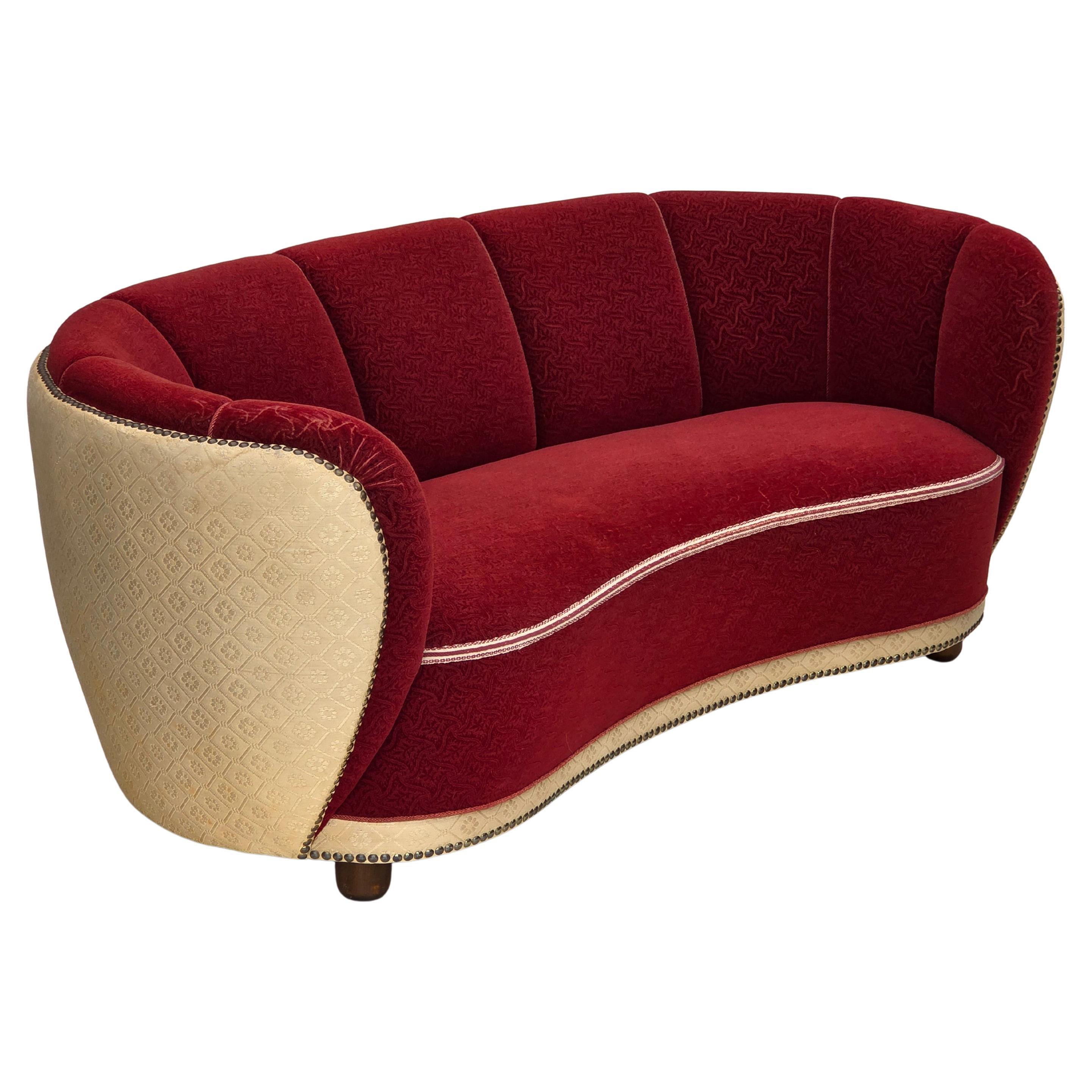 1960s, Danish curved 2-seater sofa, red/beige furniture wool fabric.