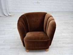 1960s, Danish curved chair, brown furniture velour.