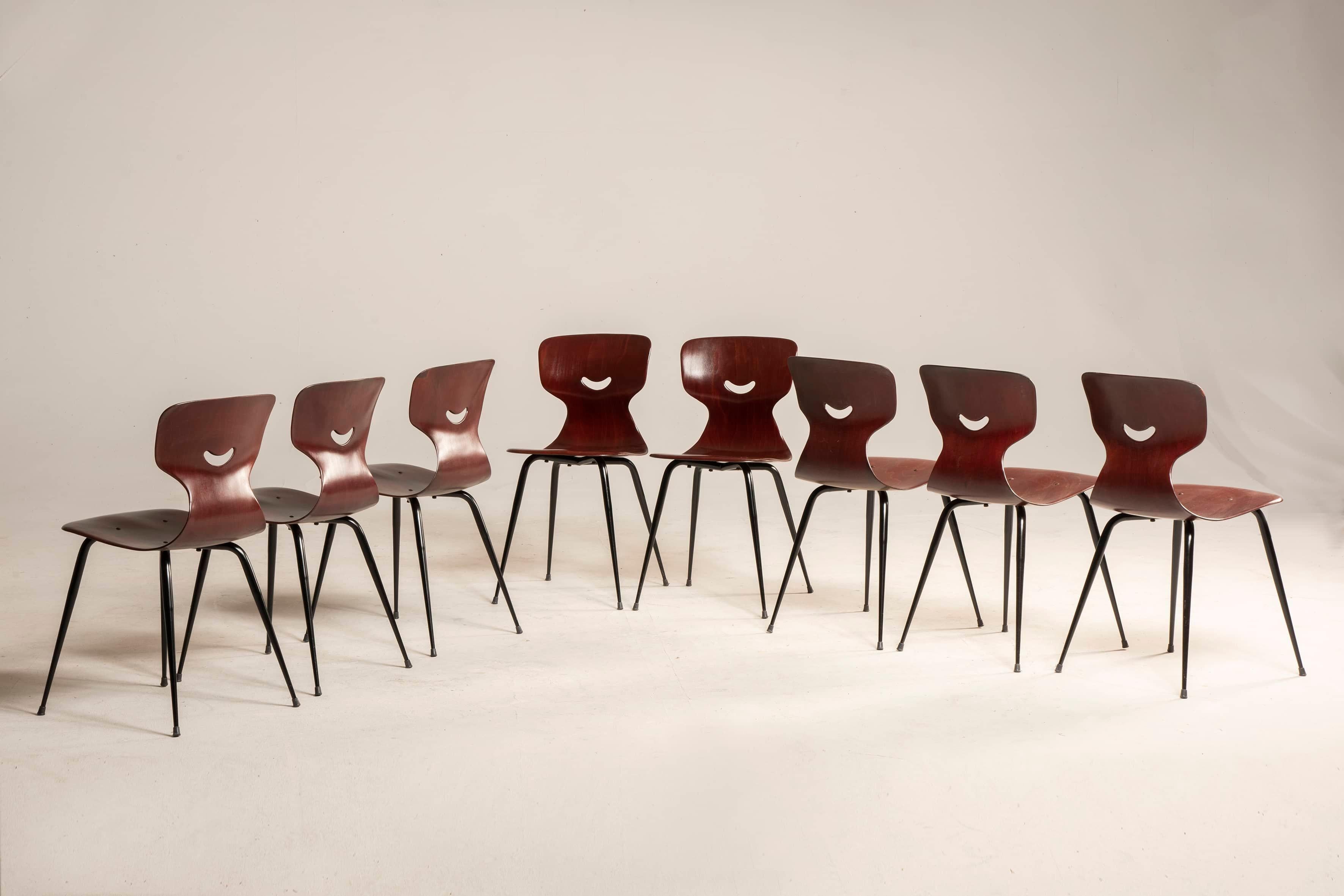 20th Century 1960s Pagholz Danish Dark PlyWood Shaped Chairs Set of 8  For Sale