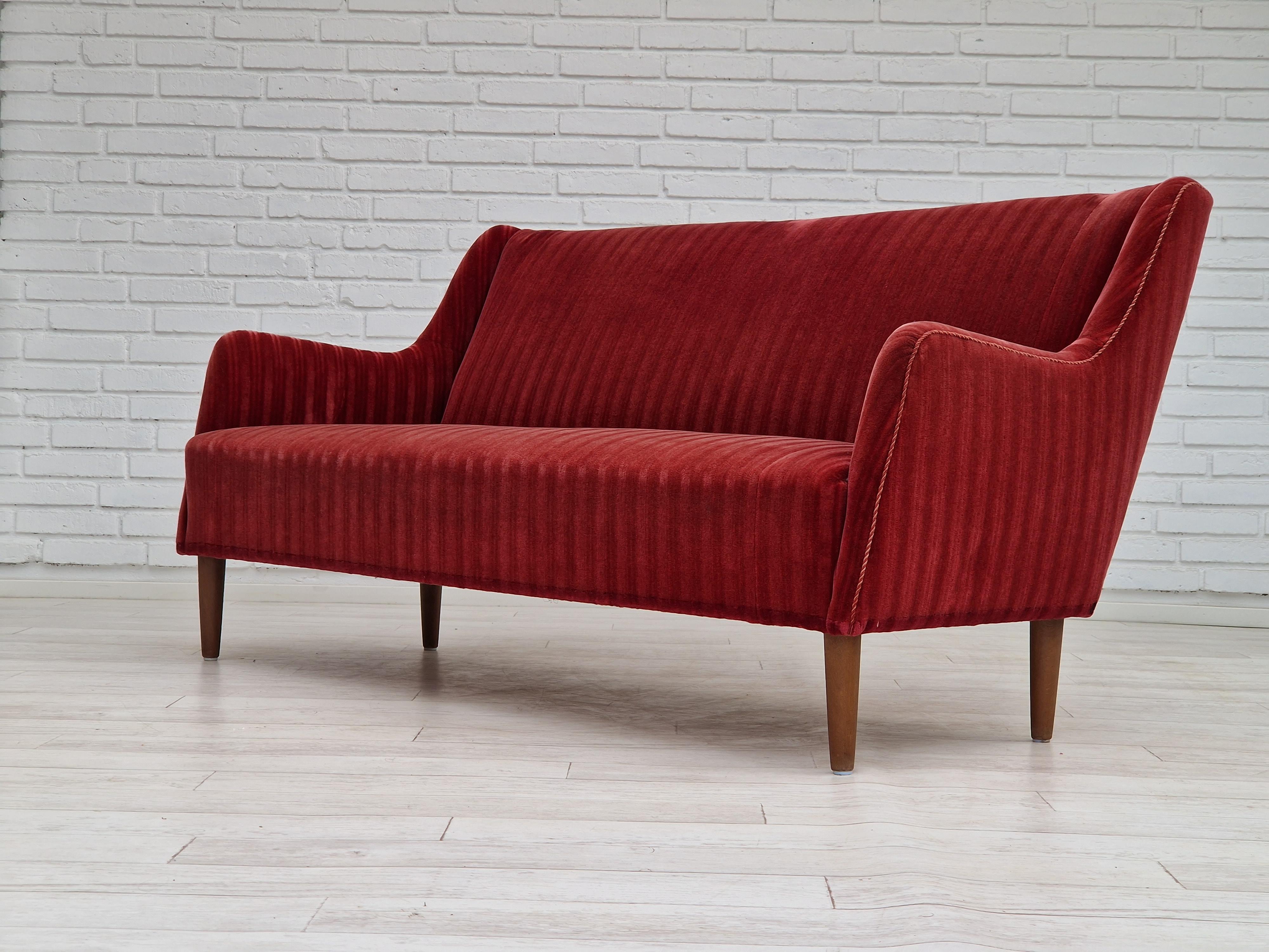 1960s, Danish Design, 2 Seater Sofa, Red Velour, Original Very Good Condition 4