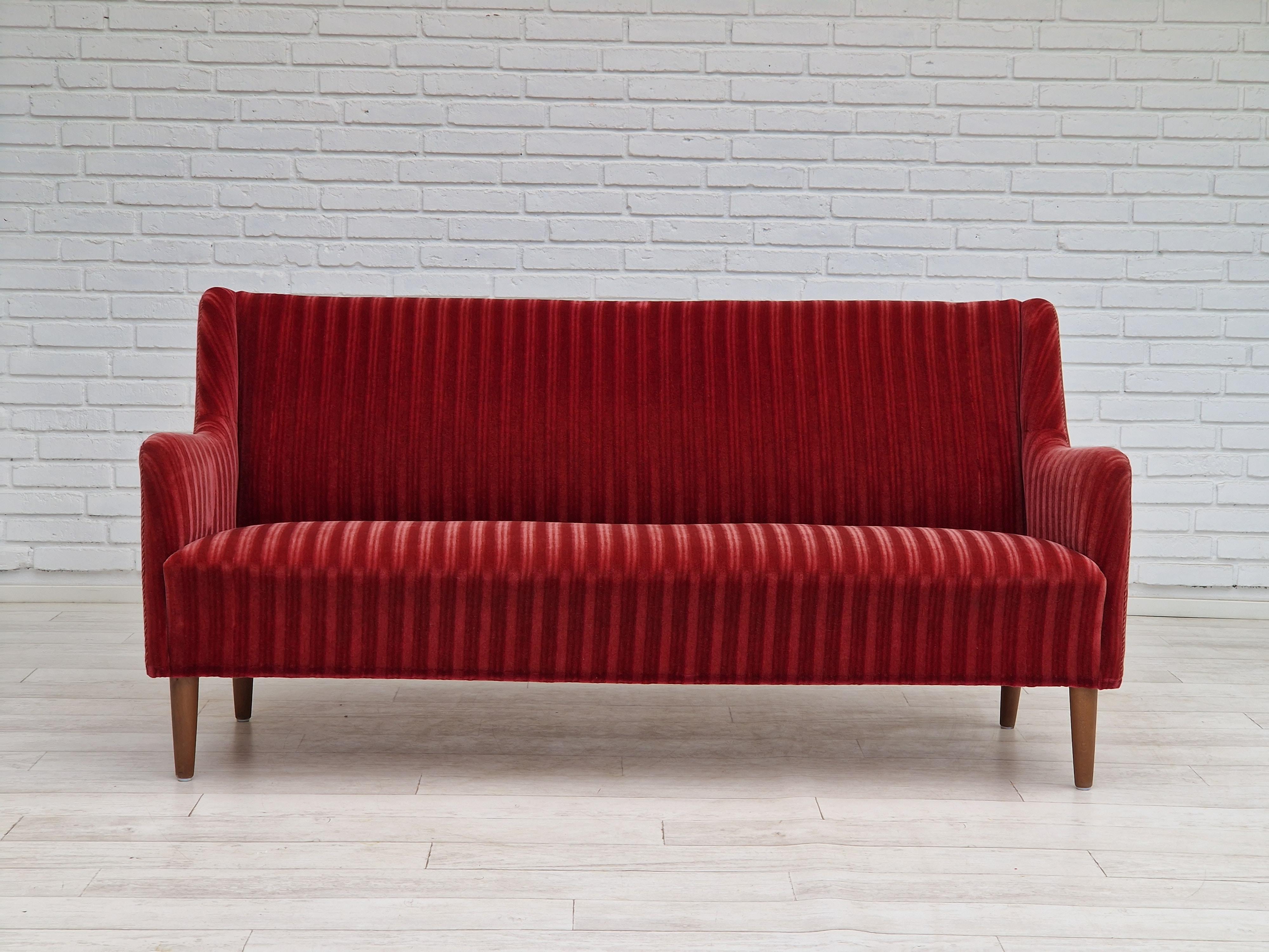 1960s, Danish Design, 2 Seater Sofa, Red Velour, Original Very Good Condition 8