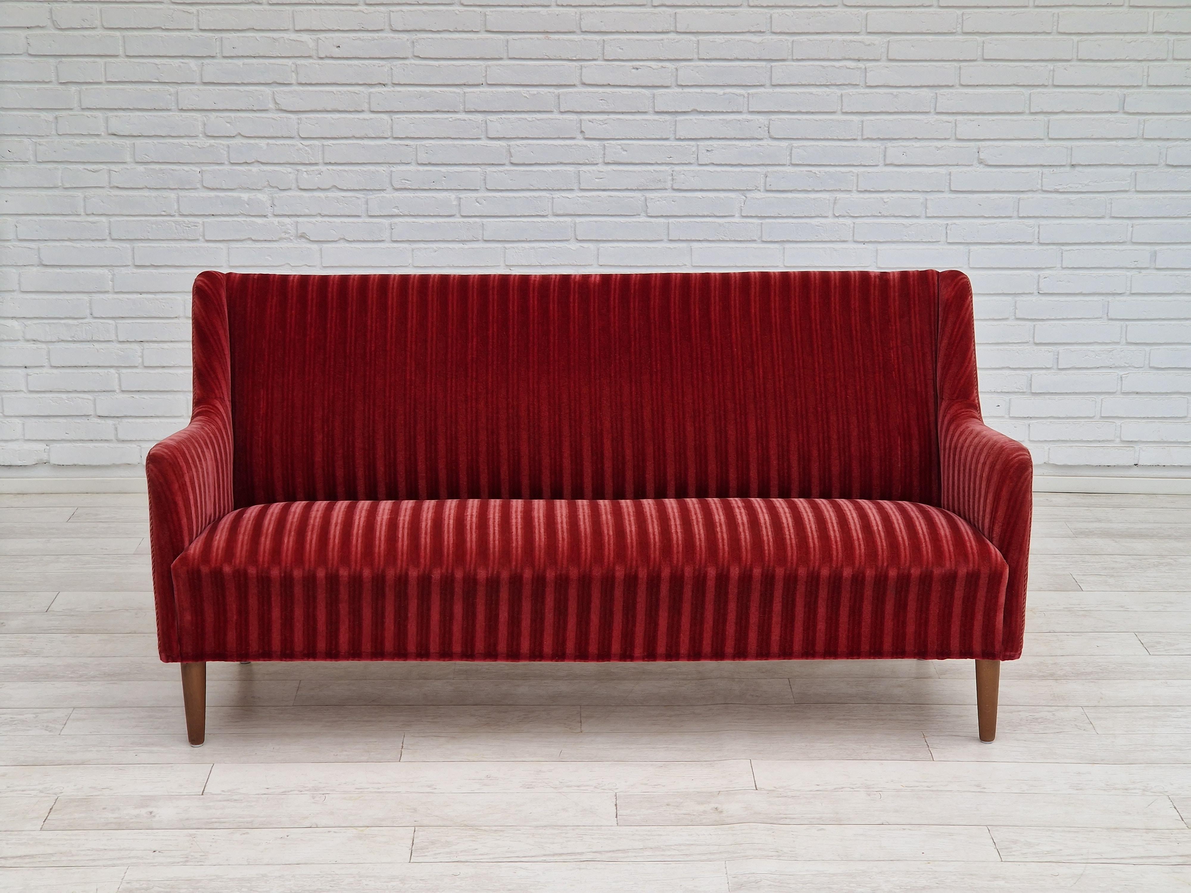 1960s, Danish Design, 2 Seater Sofa, Red Velour, Original Very Good Condition 9