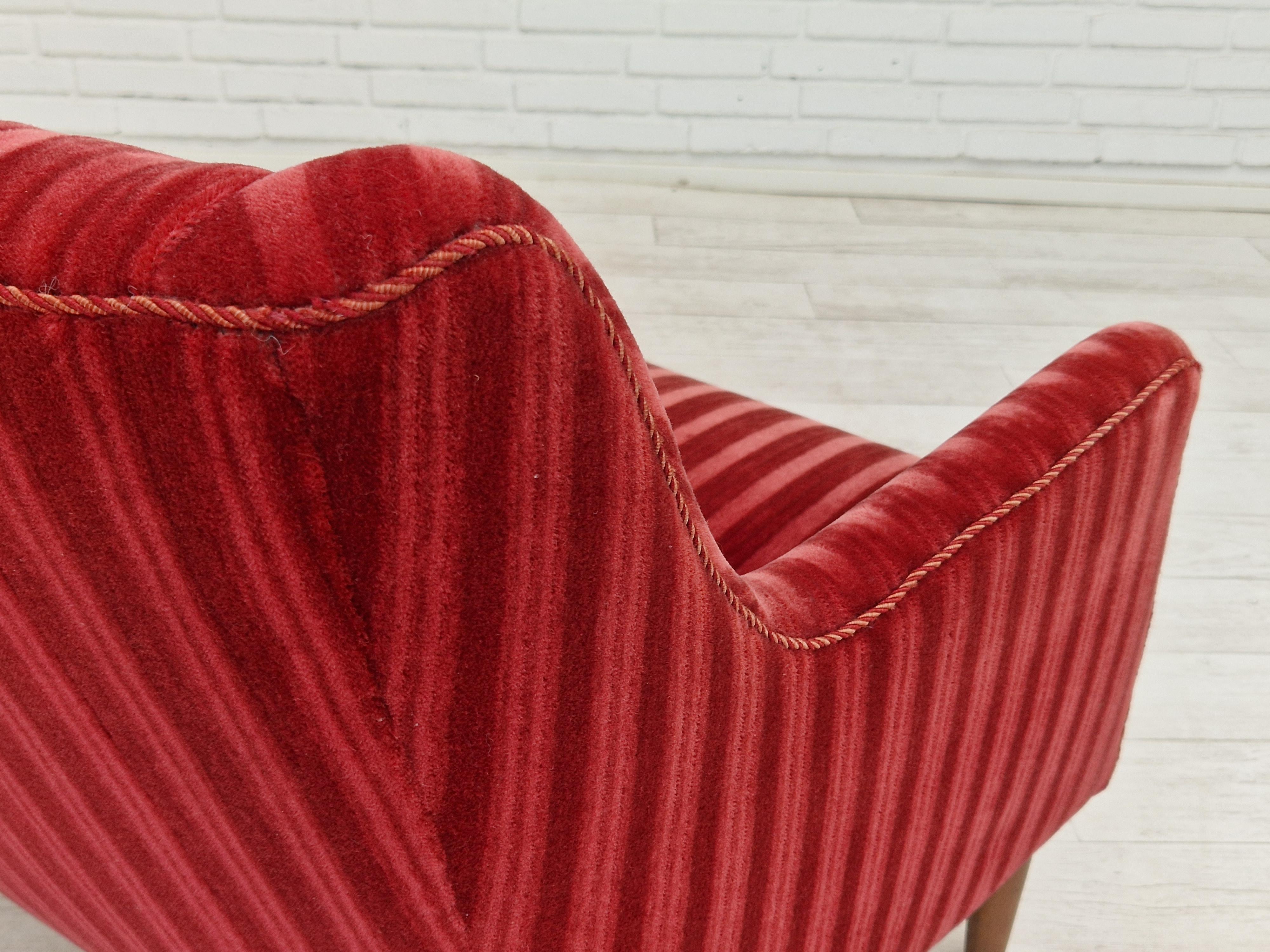 Scandinavian Modern 1960s, Danish Design, 2 Seater Sofa, Red Velour, Original Very Good Condition