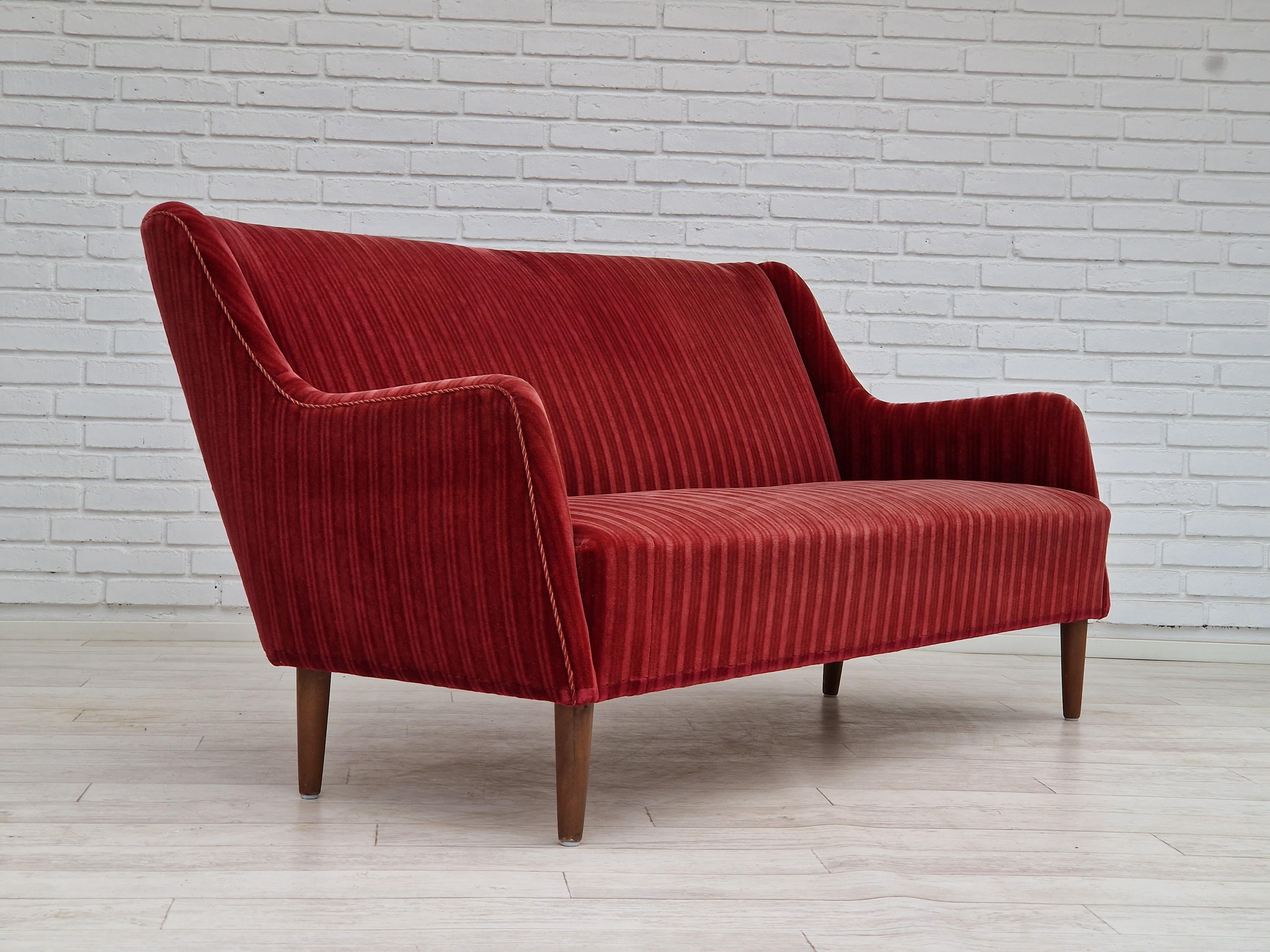 1960s, Danish Design, 2 Seater Sofa, Red Velour, Original Very Good Condition In Good Condition In Tarm, 82