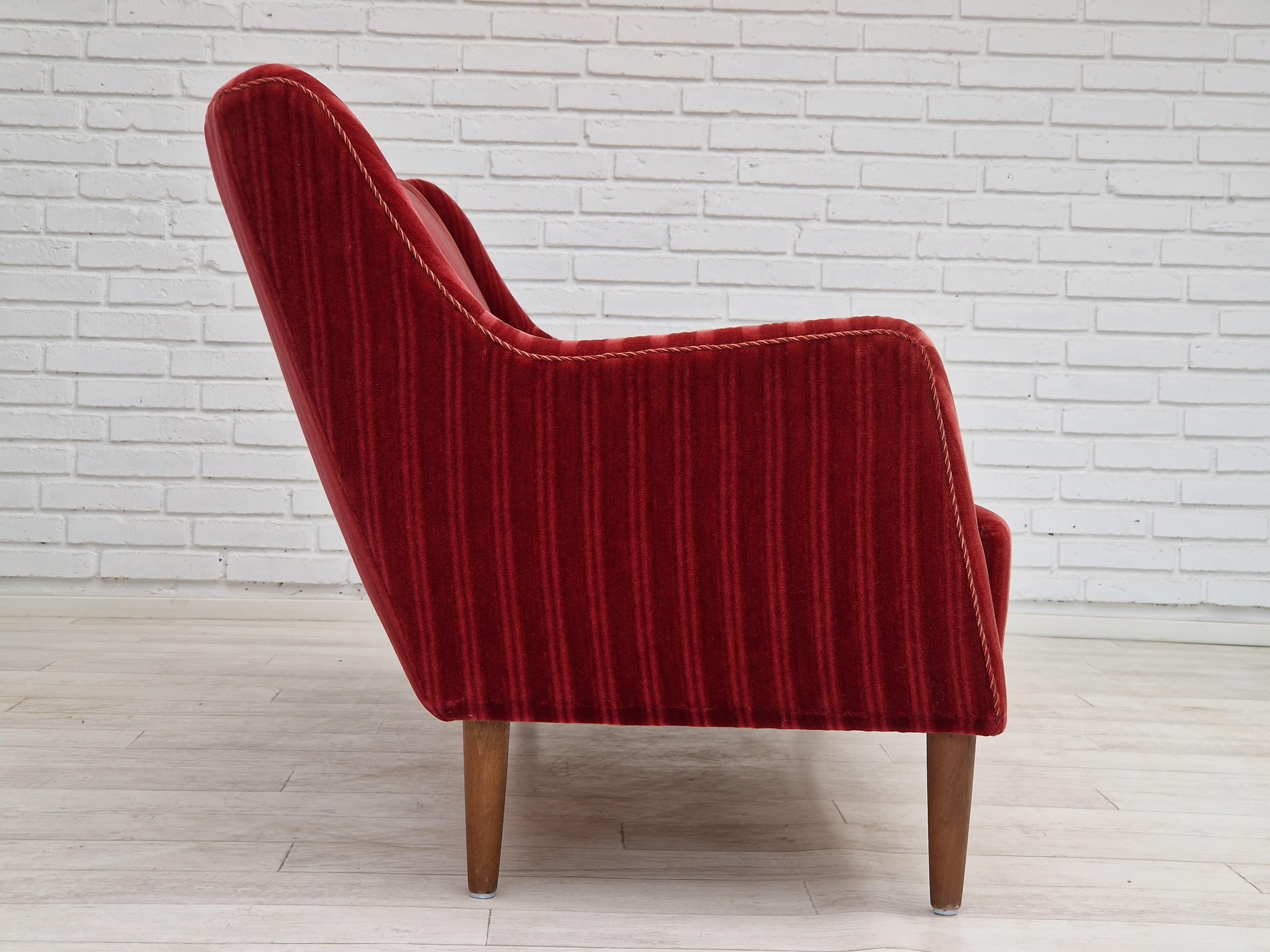Mid-20th Century 1960s, Danish Design, 2 Seater Sofa, Red Velour, Original Very Good Condition