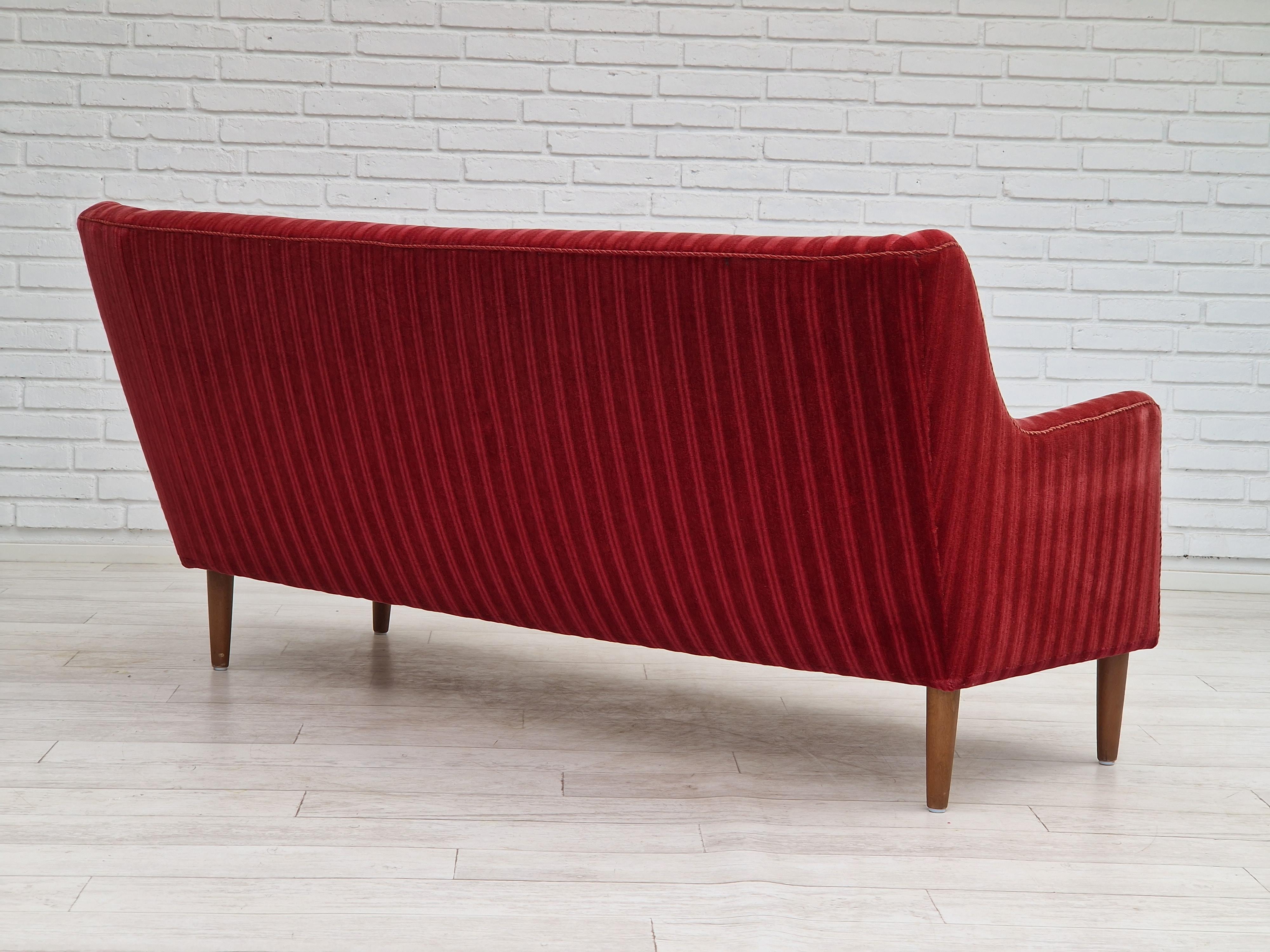 Velvet 1960s, Danish Design, 2 Seater Sofa, Red Velour, Original Very Good Condition