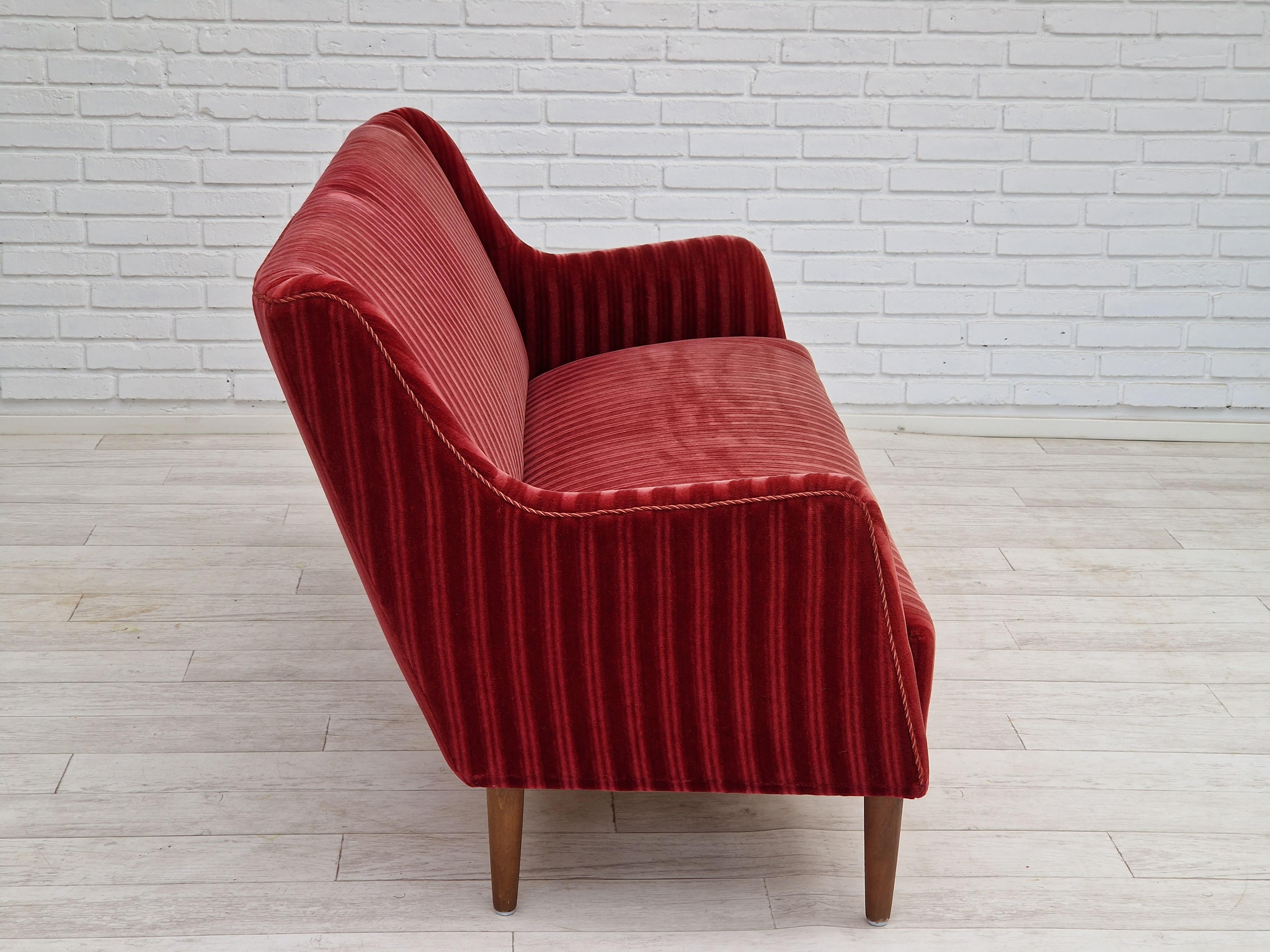 1960s, Danish Design, 2 Seater Sofa, Red Velour, Original Very Good Condition 1