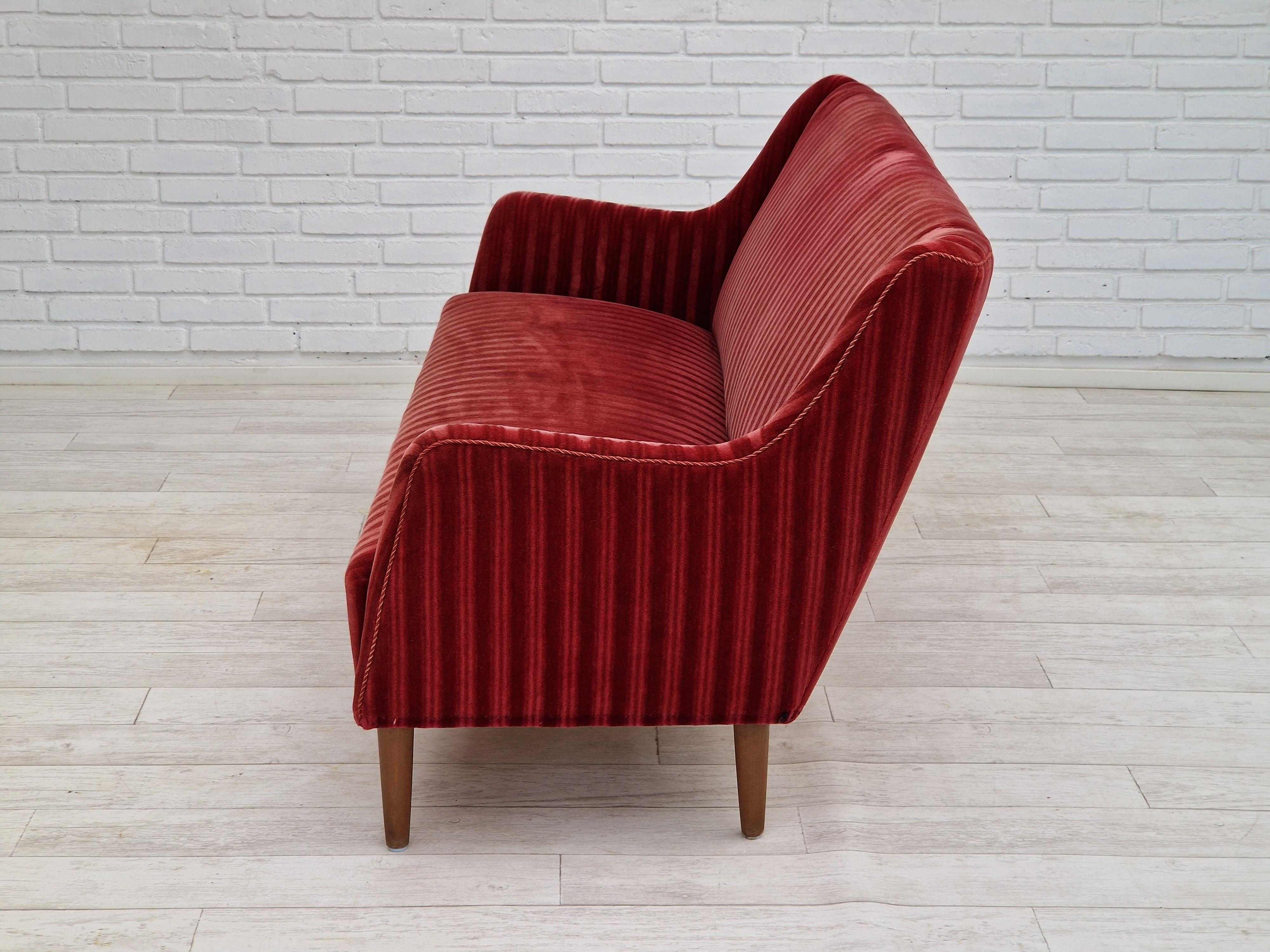 1960s, Danish Design, 2 Seater Sofa, Red Velour, Original Very Good Condition 3